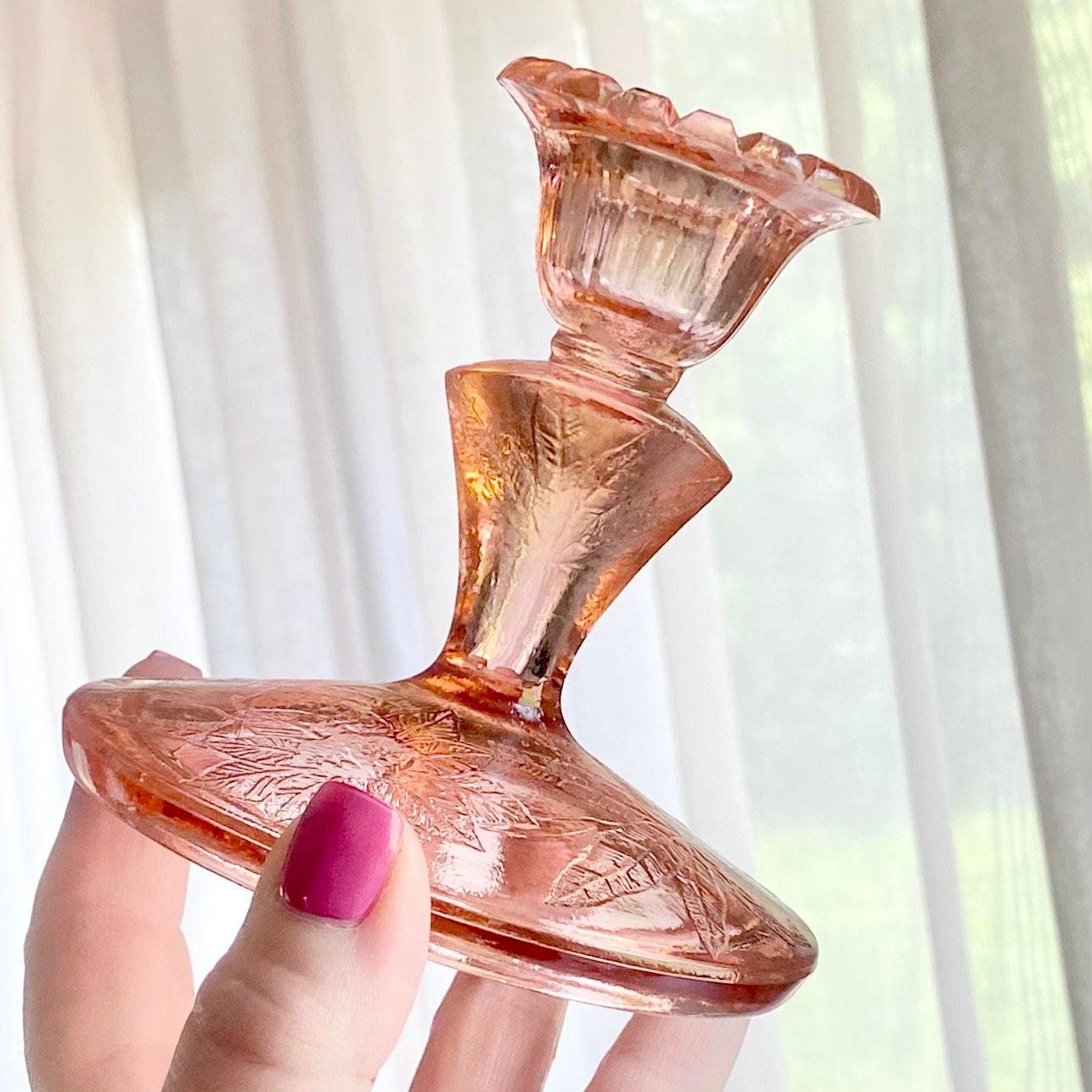 Vintage Jeannette Glass Floral Poinsettia Etched Pink Candle Holders (circa 1932 - 1935) - Set of 2