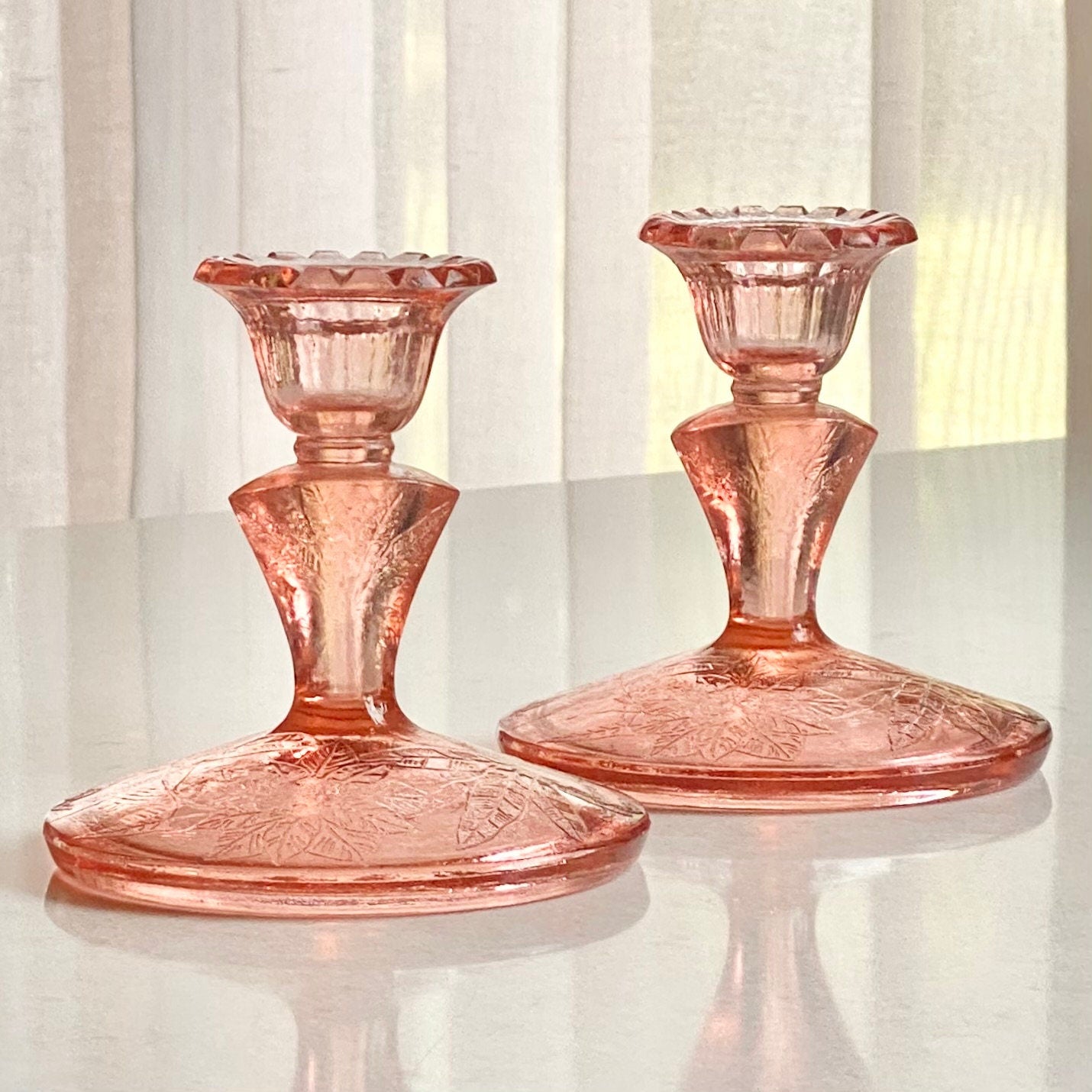 Vintage Jeannette Glass Floral Poinsettia Etched Pink Candle Holders (circa 1932 - 1935) - Set of 2