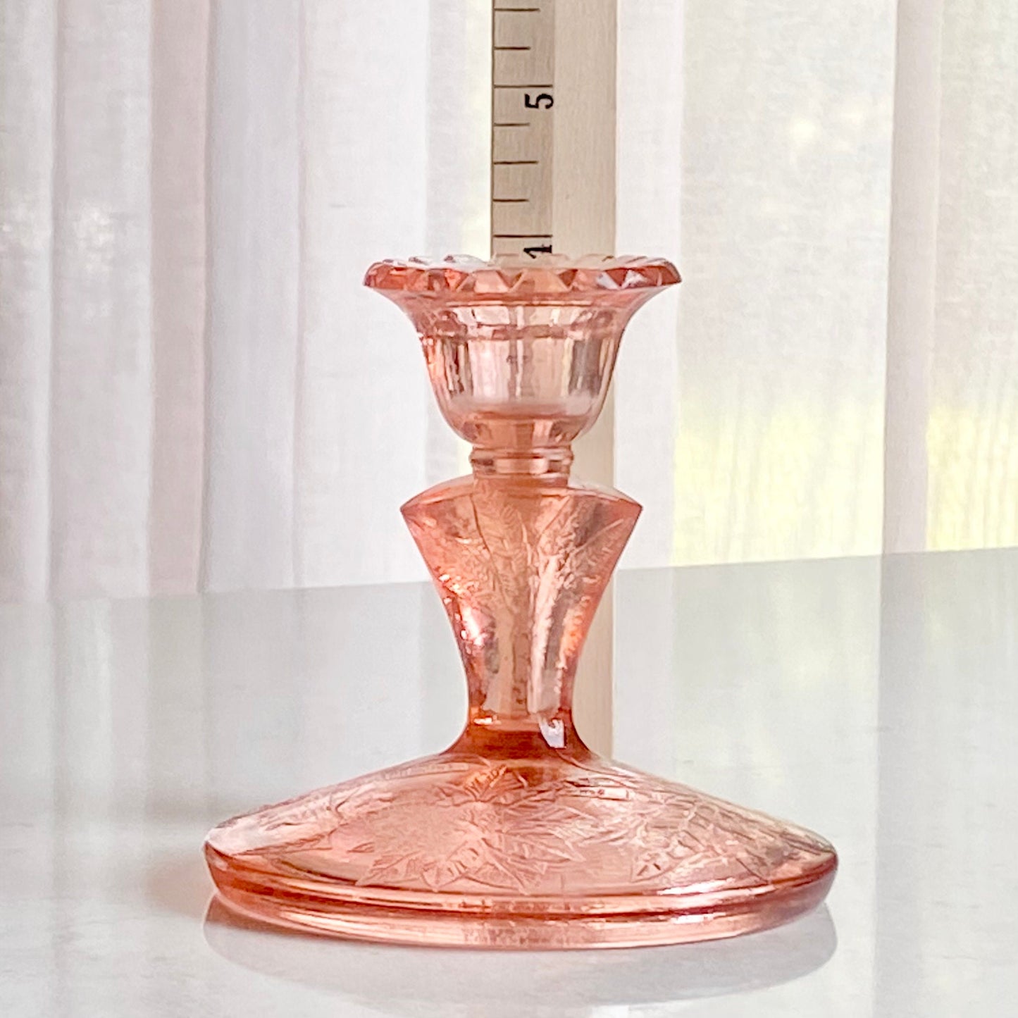 Vintage Jeannette Glass Floral Poinsettia Etched Pink Candle Holders (circa 1932 - 1935) - Set of 2