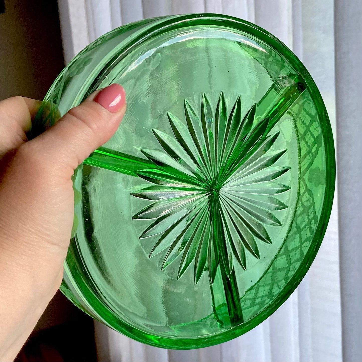 Vintage Uranium Glass Green Etched Three Part Dish