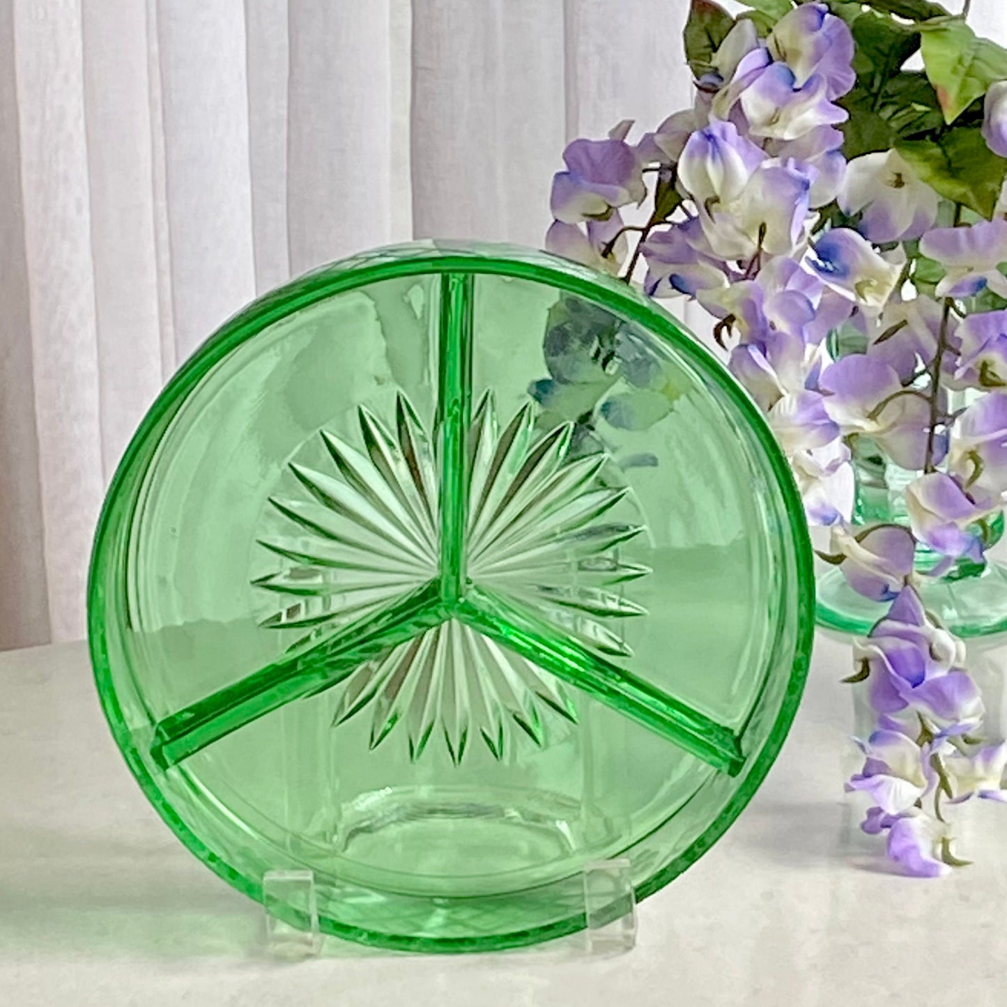 Vintage Uranium Glass Green Etched Three Part Dish