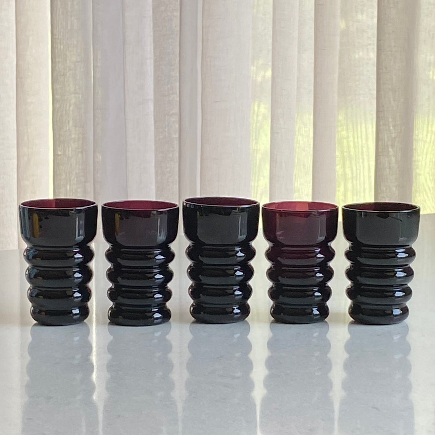 Vintage Black Amethyst Banded Glasses - Set of 5
