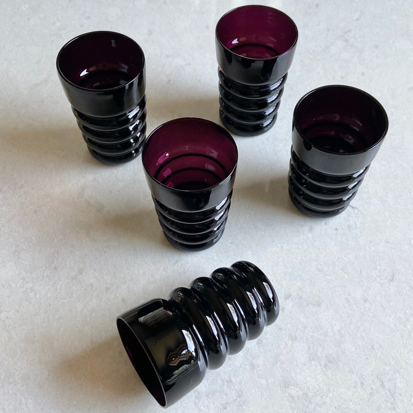 Vintage Black Amethyst Banded Glasses - Set of 5