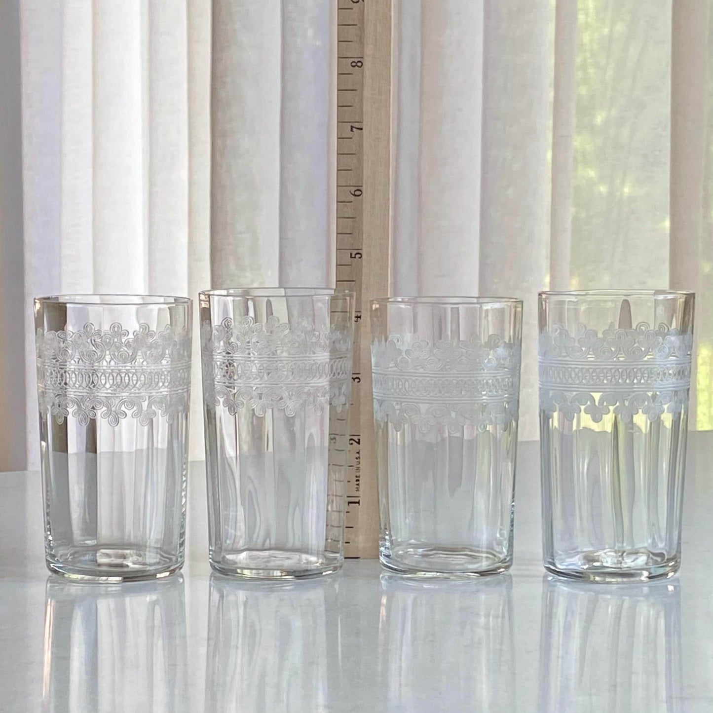 Vintage Tiffin Franciscan Cloverleaf Band Etched Optic Panel Glasses - Set of 4