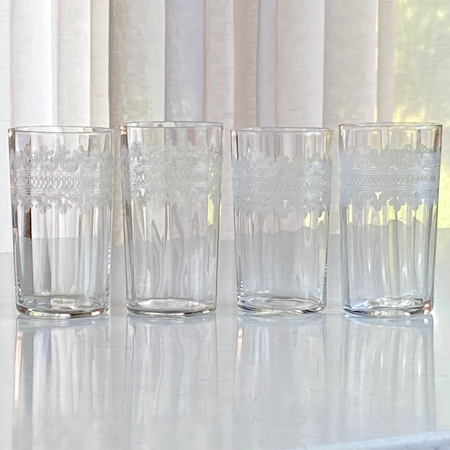 Vintage Tiffin Franciscan Cloverleaf Band Etched Optic Panel Glasses - Set of 4