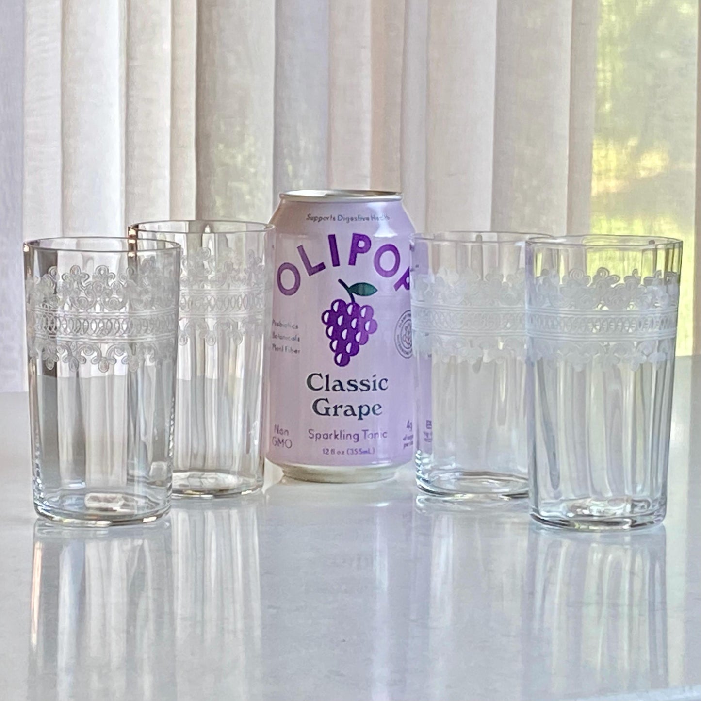 Vintage Tiffin Franciscan Cloverleaf Band Etched Optic Panel Glasses - Set of 4