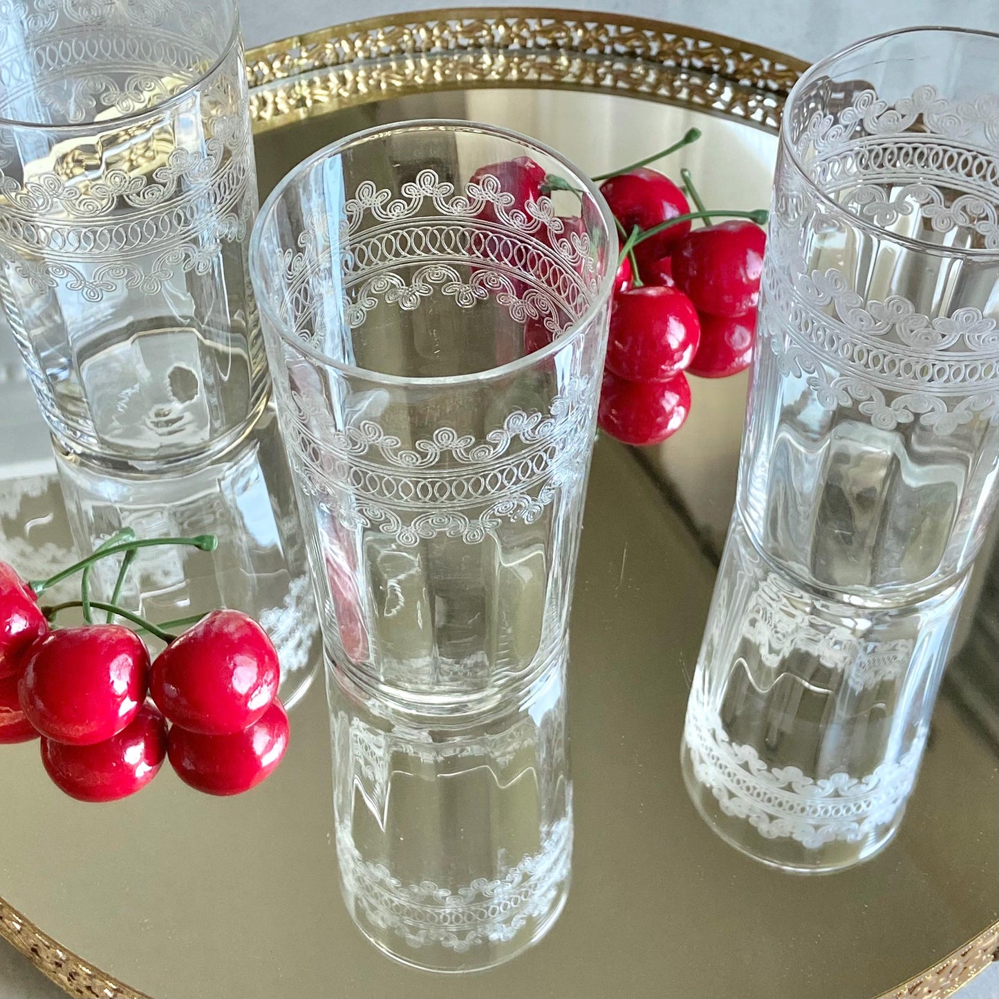 Vintage Tiffin Franciscan Cloverleaf Band Etched Optic Panel Glasses - Set of 4