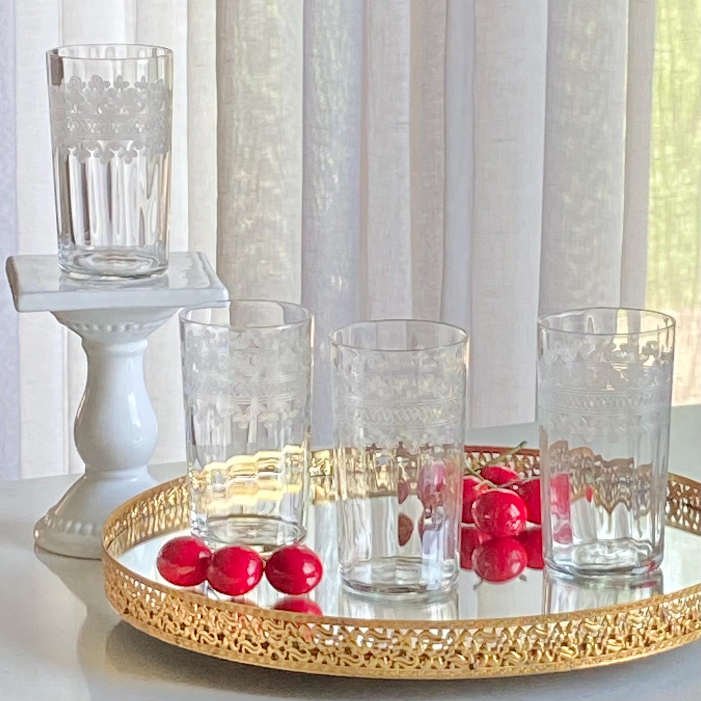 Vintage Tiffin Franciscan Cloverleaf Band Etched Optic Panel Glasses - Set of 4