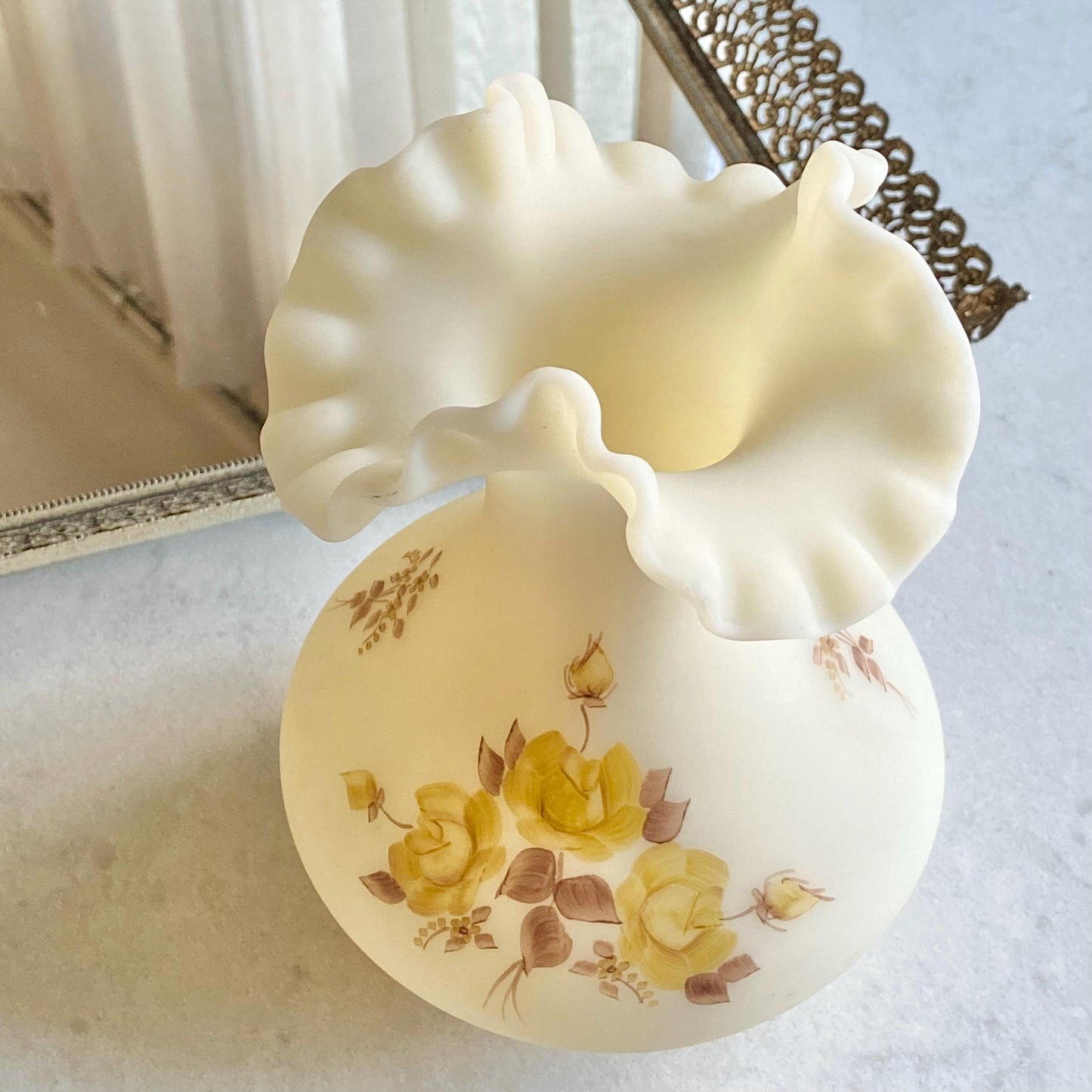 Vintage Fenton Hand Painted and Signed Ruffle Top Vase