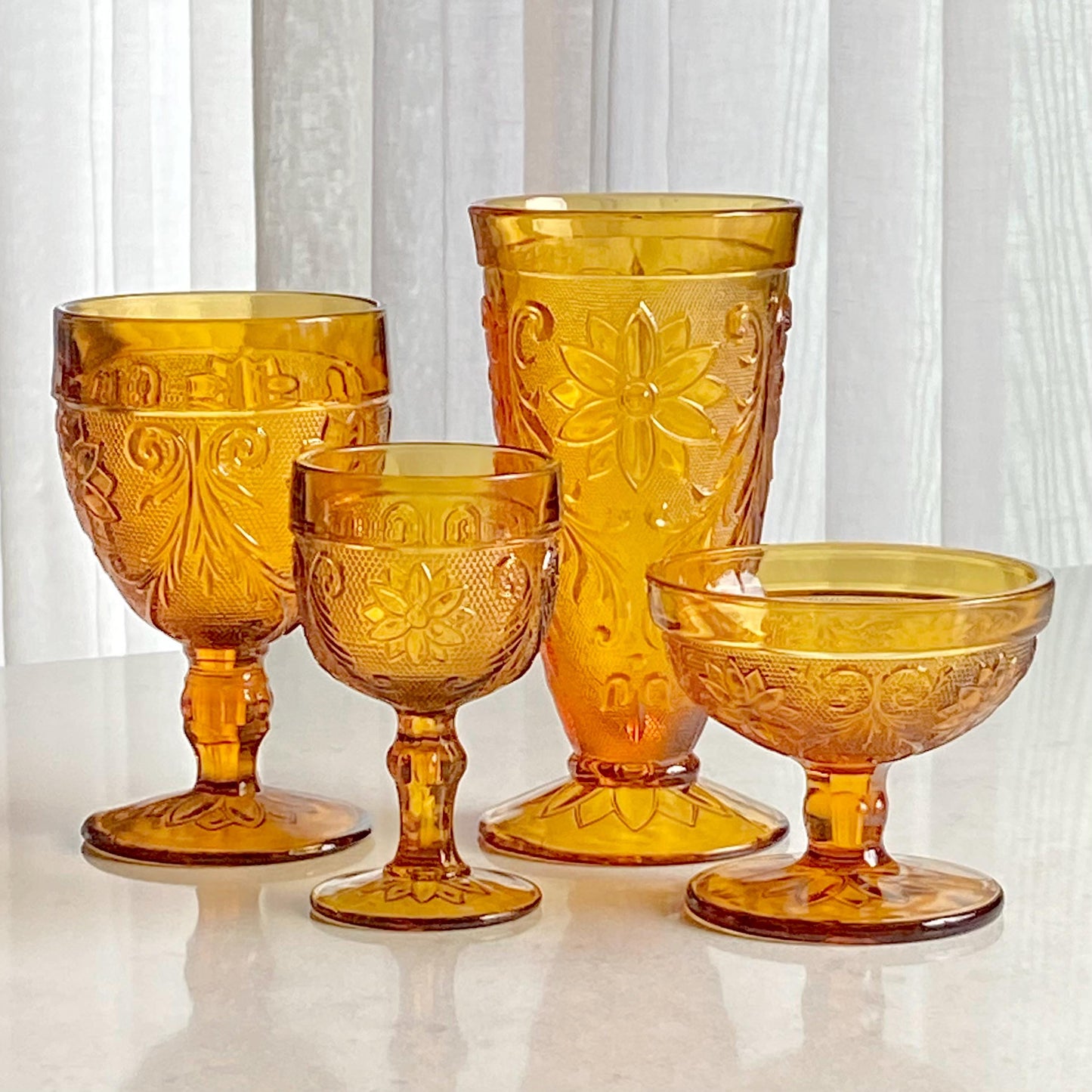 Vintage Indiana Glass Tiara Sandwich Amber Chantilly Glasses (circa 1971 - 1989) - Set of 8