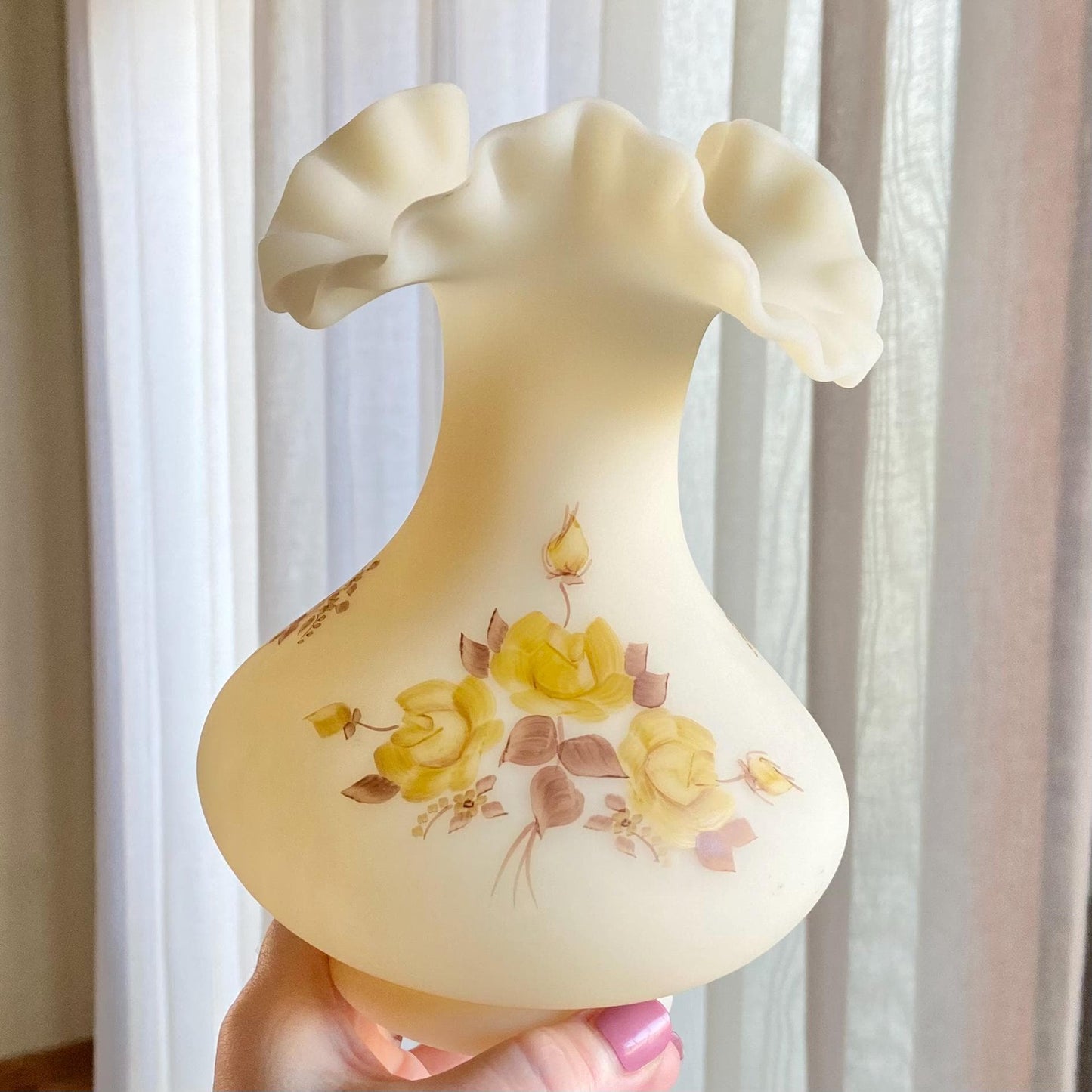 Vintage Fenton Hand Painted and Signed Ruffle Top Vase