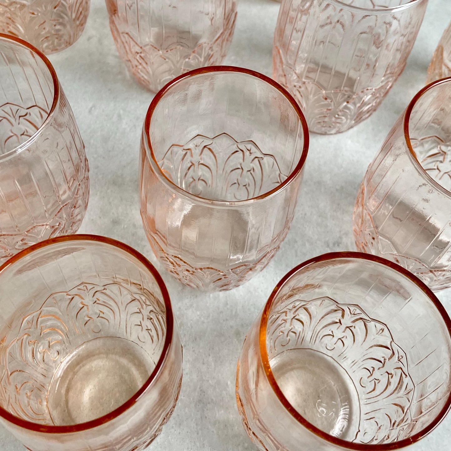 Vintage MacBeth Evans Crystal Leaf Pink Tumbler Glasses (circa 1928) - Set of 13