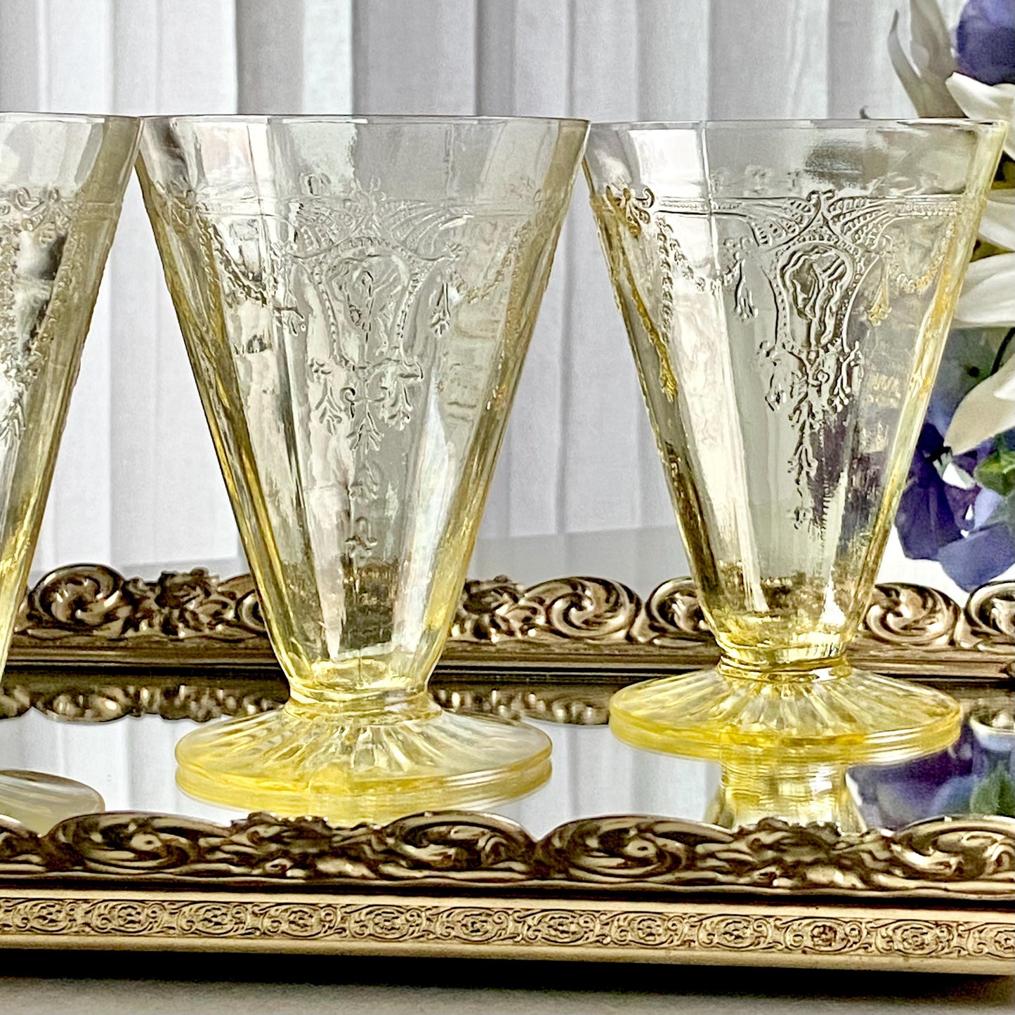 Vintage Anchor Hocking Cameo Dancing Ballerina Yellow Footed Glasses (circa 1930 - 1934) Set of 4