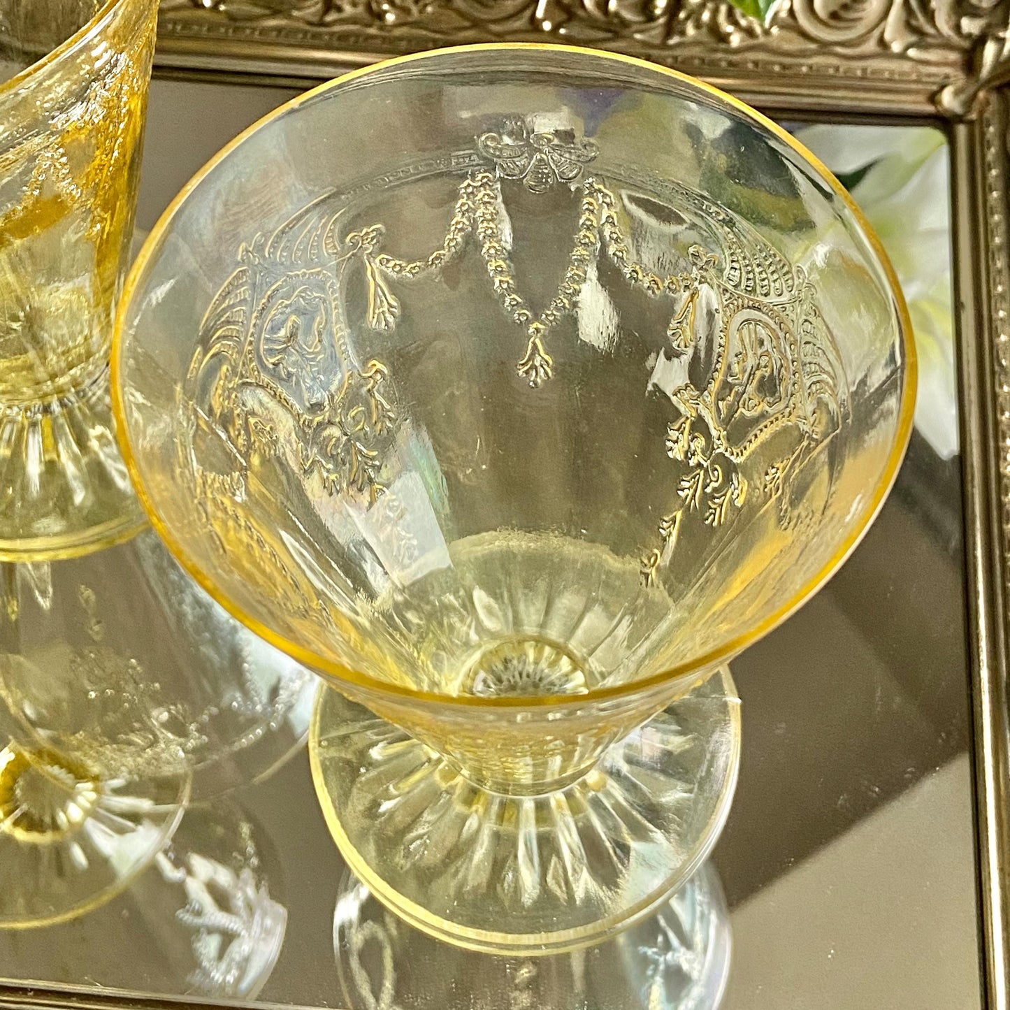 Vintage Anchor Hocking Cameo Dancing Ballerina Yellow Footed Glasses (circa 1930 - 1934) Set of 4