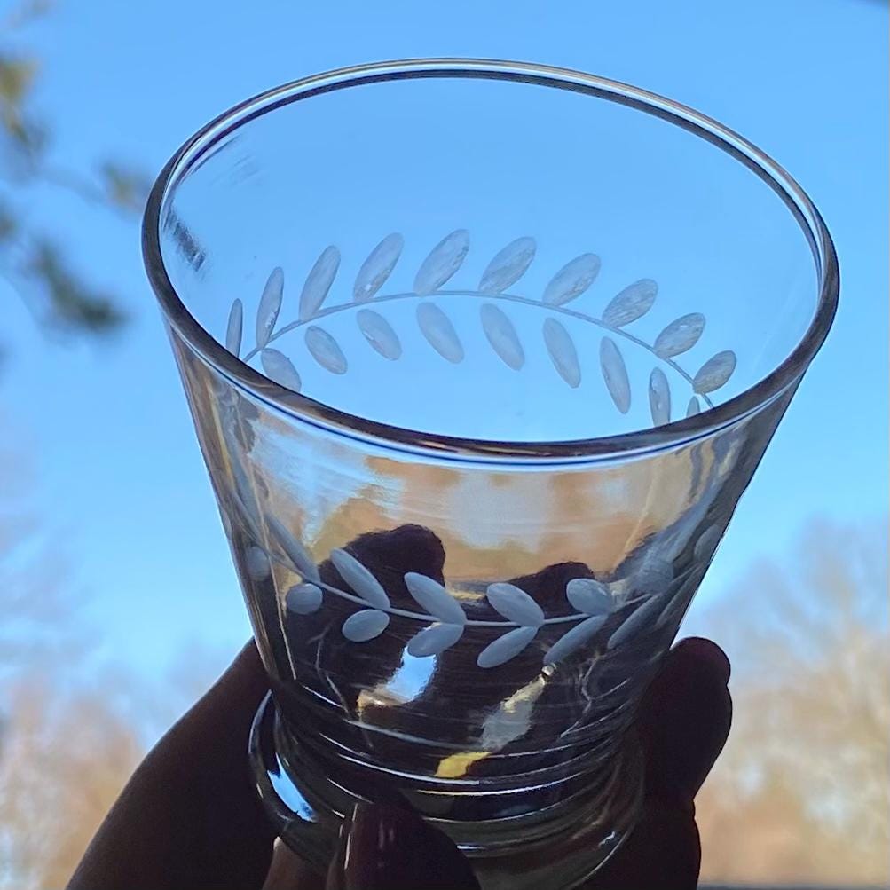 Vintage Anchor Hocking Gray Cut Laurel 4 Ounce Tumbler Glasses - Set of 4