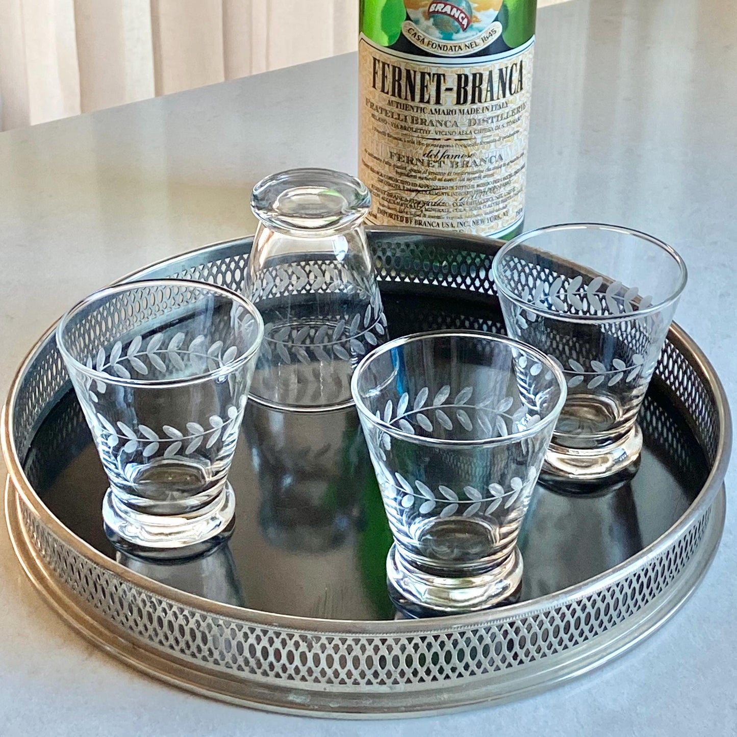 Vintage Anchor Hocking Gray Cut Laurel 4 Ounce Tumbler Glasses - Set of 4