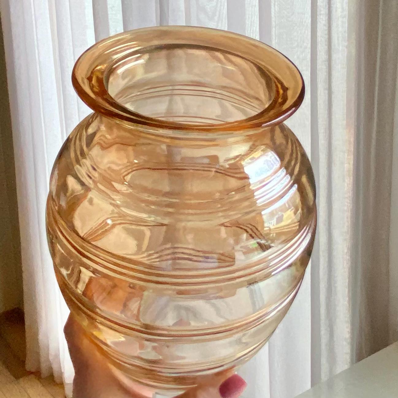 Vintage Anchor Hocking Banded Rings Light Marigold Carnival Glass Vase