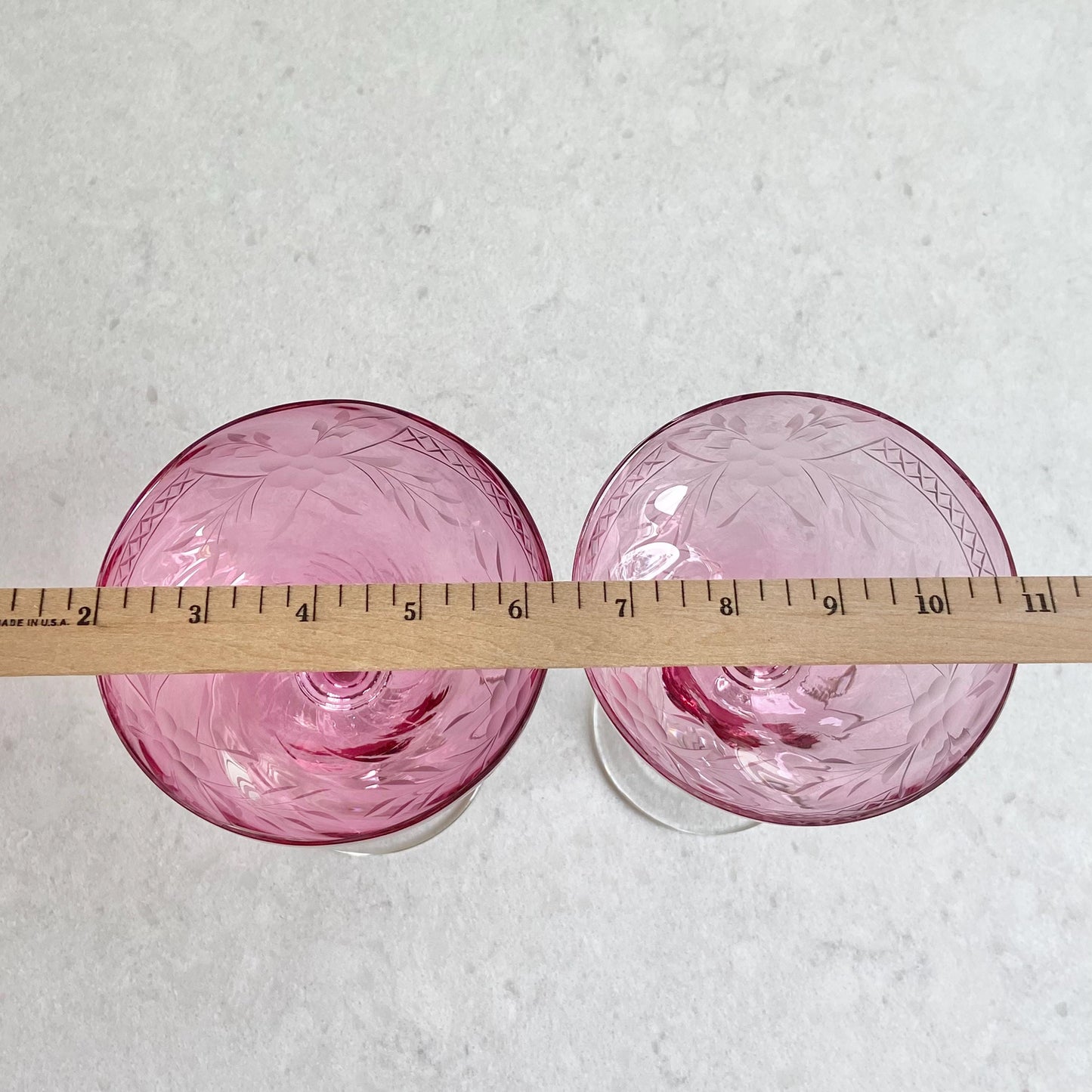 Vintage Cranberry Etched Optic Swirl Glasses - Set of 2