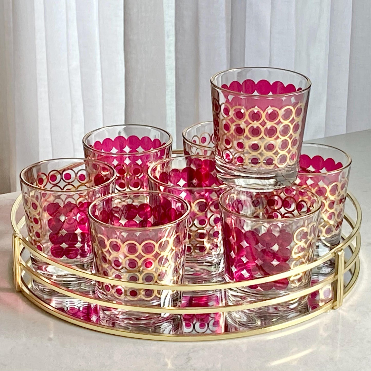 Vintage Cranberry and Gold Dots and CirclesGlasses - Set of 8