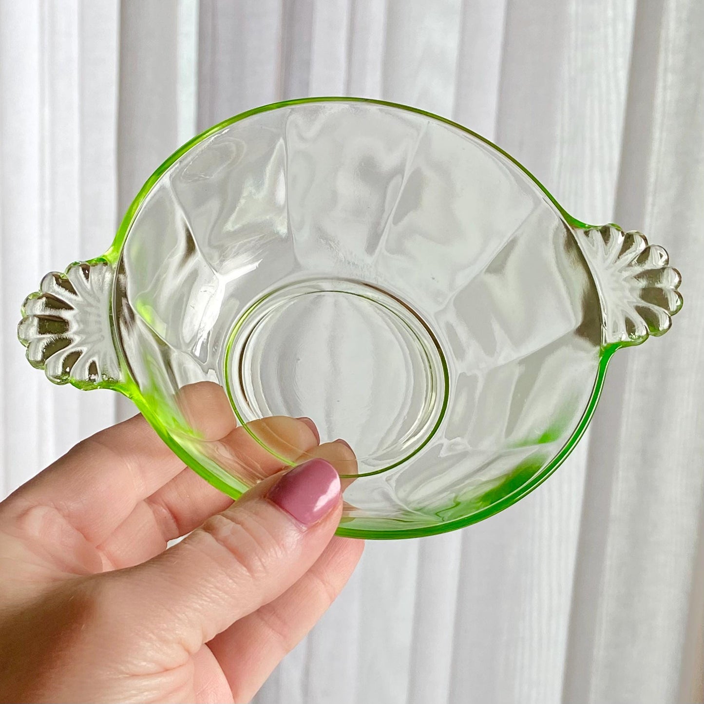 Vintage Anchor Hocking Green Uranium Glass Handled Bowls - Set of 4