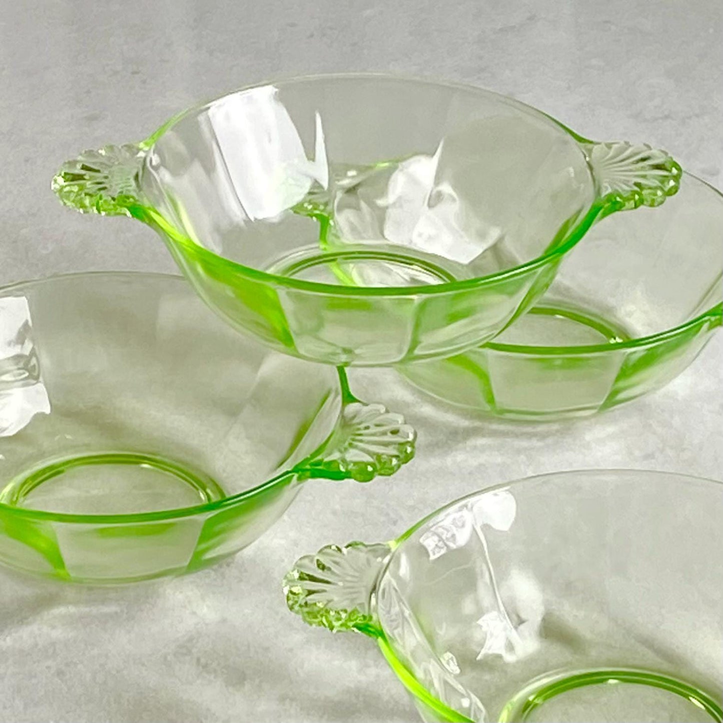 Vintage Anchor Hocking Green Uranium Glass Handled Bowls - Set of 4
