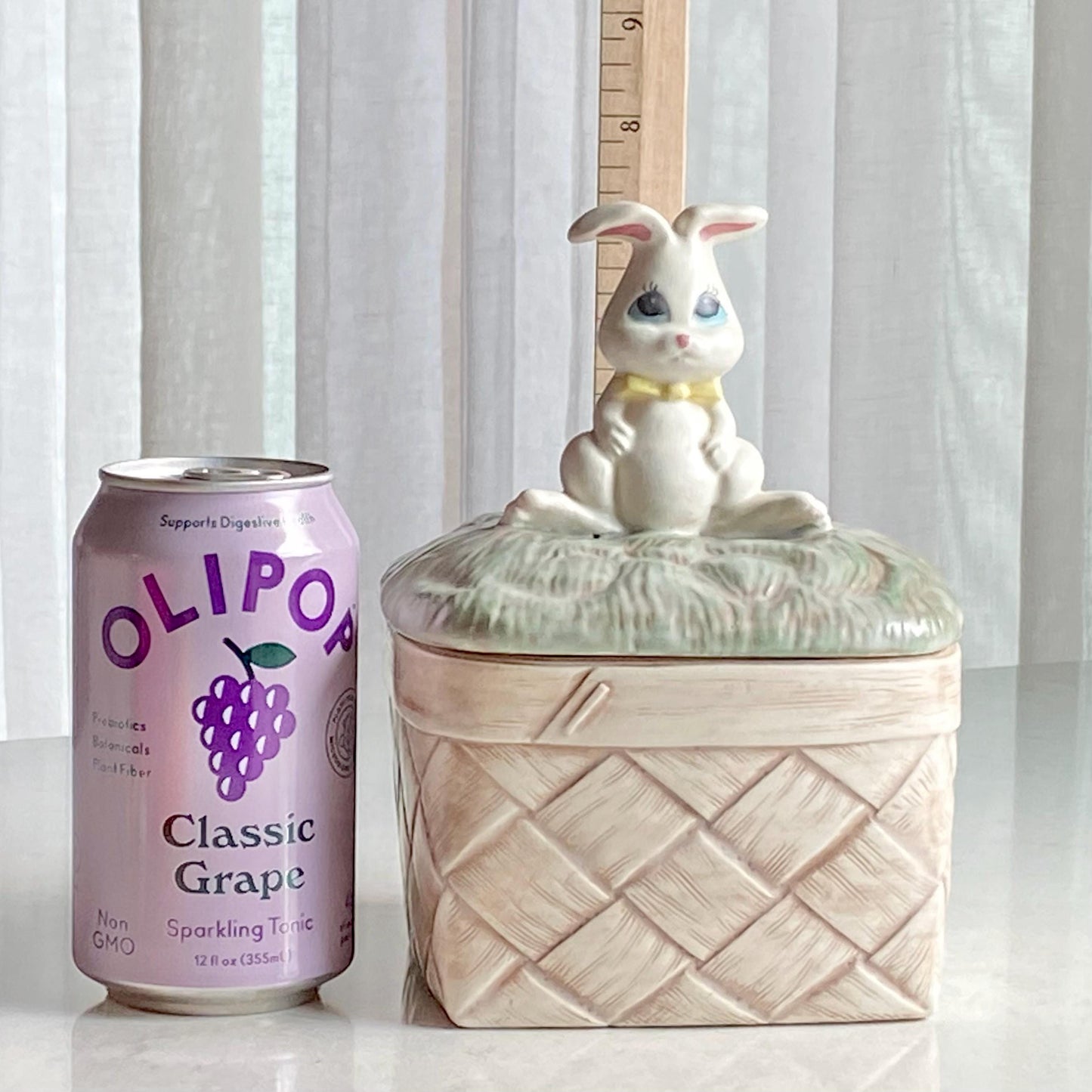 Vintage Hand Painted Bunny Rabbit on a Basket Box with Lid