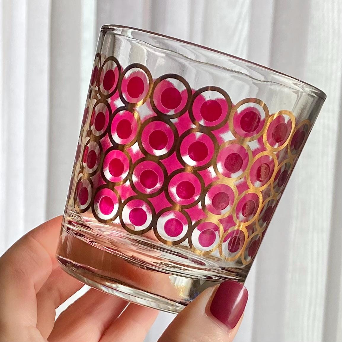 Vintage Cranberry and Gold Dots and CirclesGlasses - Set of 8