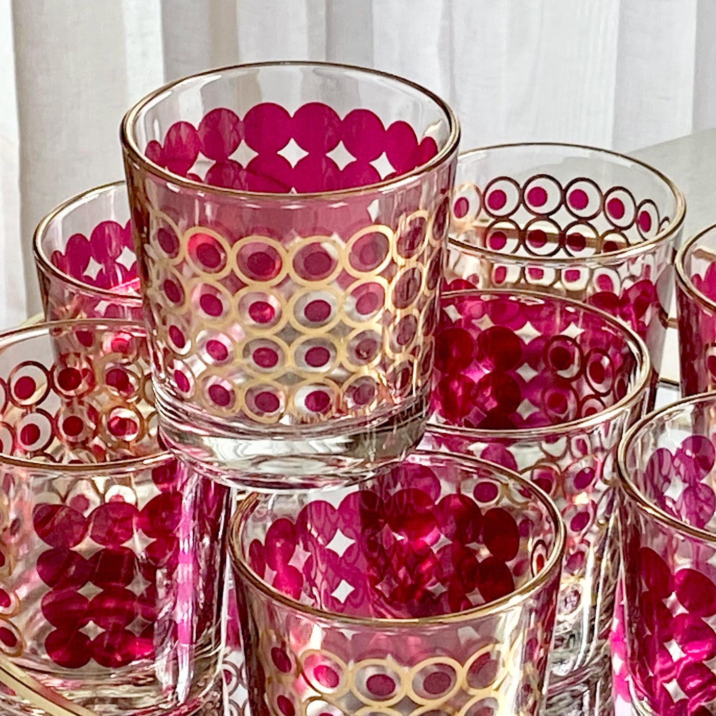 Vintage Cranberry and Gold Dots and CirclesGlasses - Set of 8
