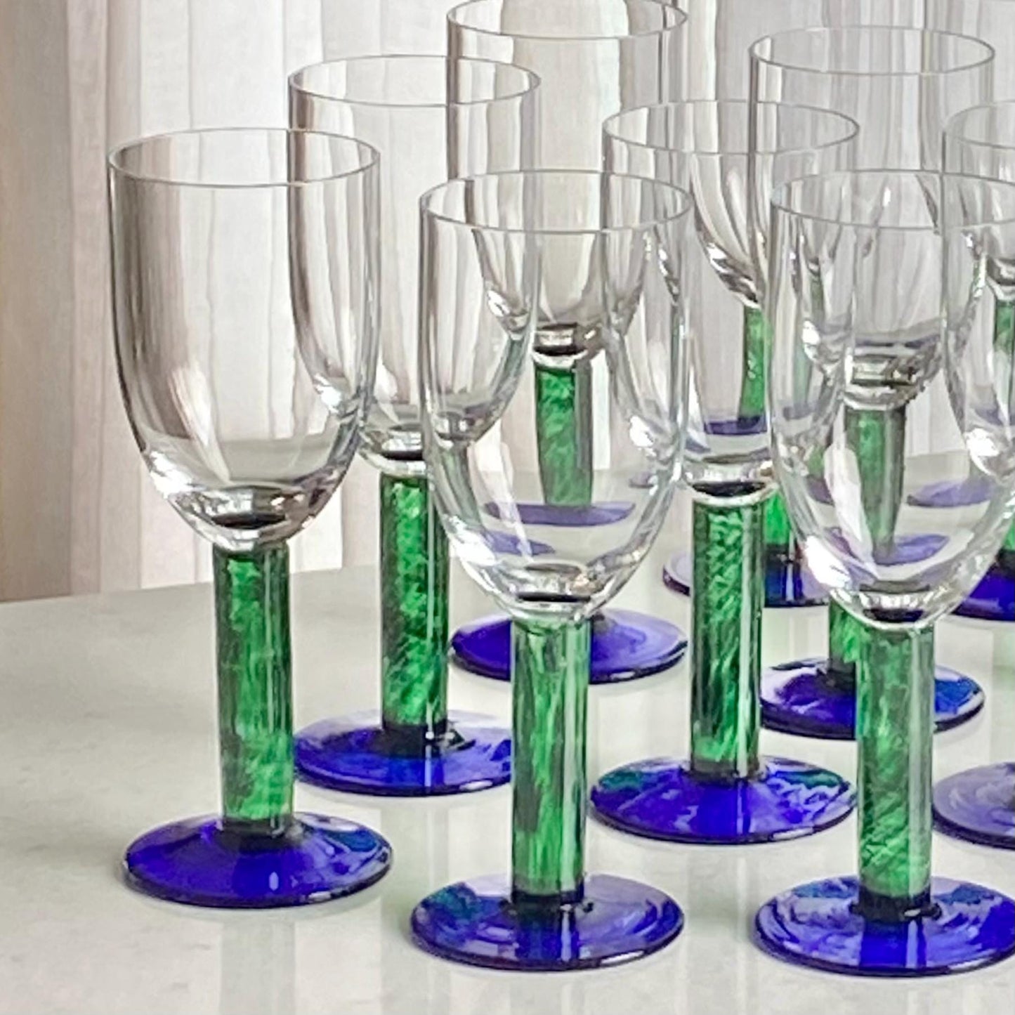 Vintage Fostoria Green Stem Blue Foot Glasses (FOS6 SM) - Set of 12