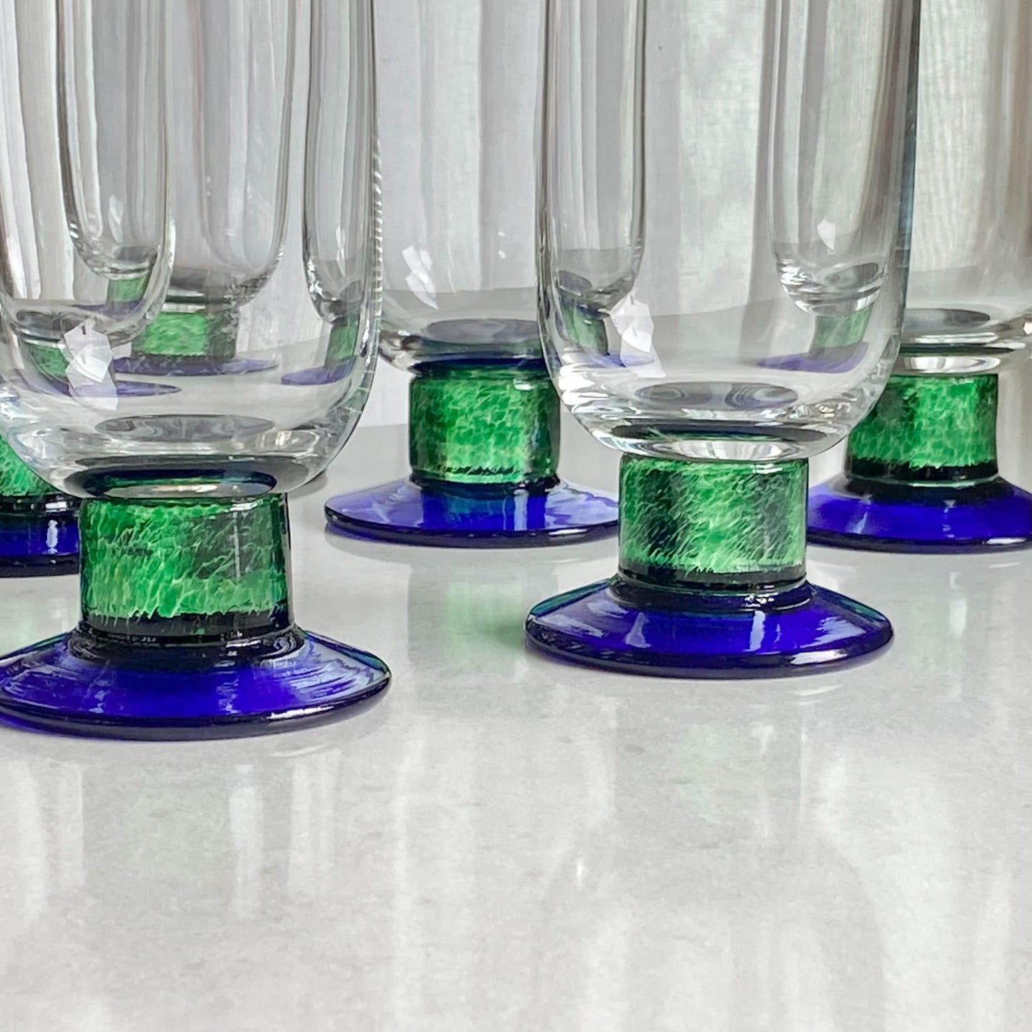 Vintage Fostoria Green Stem Blue Foot Glasses (FOS6) - Set of 10