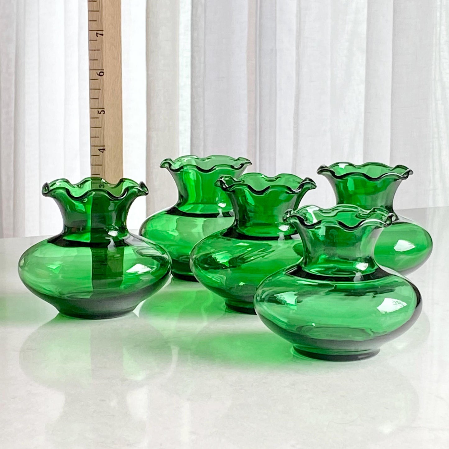 Vintage Anchor Hocking Forest Green Crimped Bud Vases (circa 1957 - 1965) - Set of 5