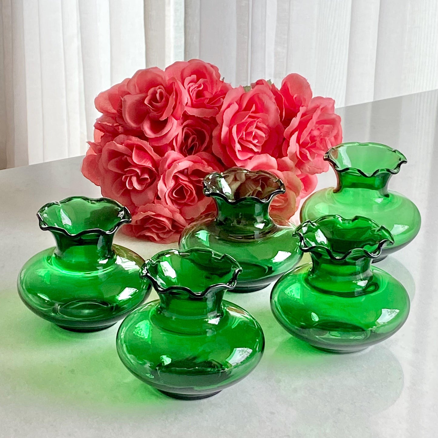 Vintage Anchor Hocking Forest Green Crimped Bud Vases (circa 1957 - 1965) - Set of 5
