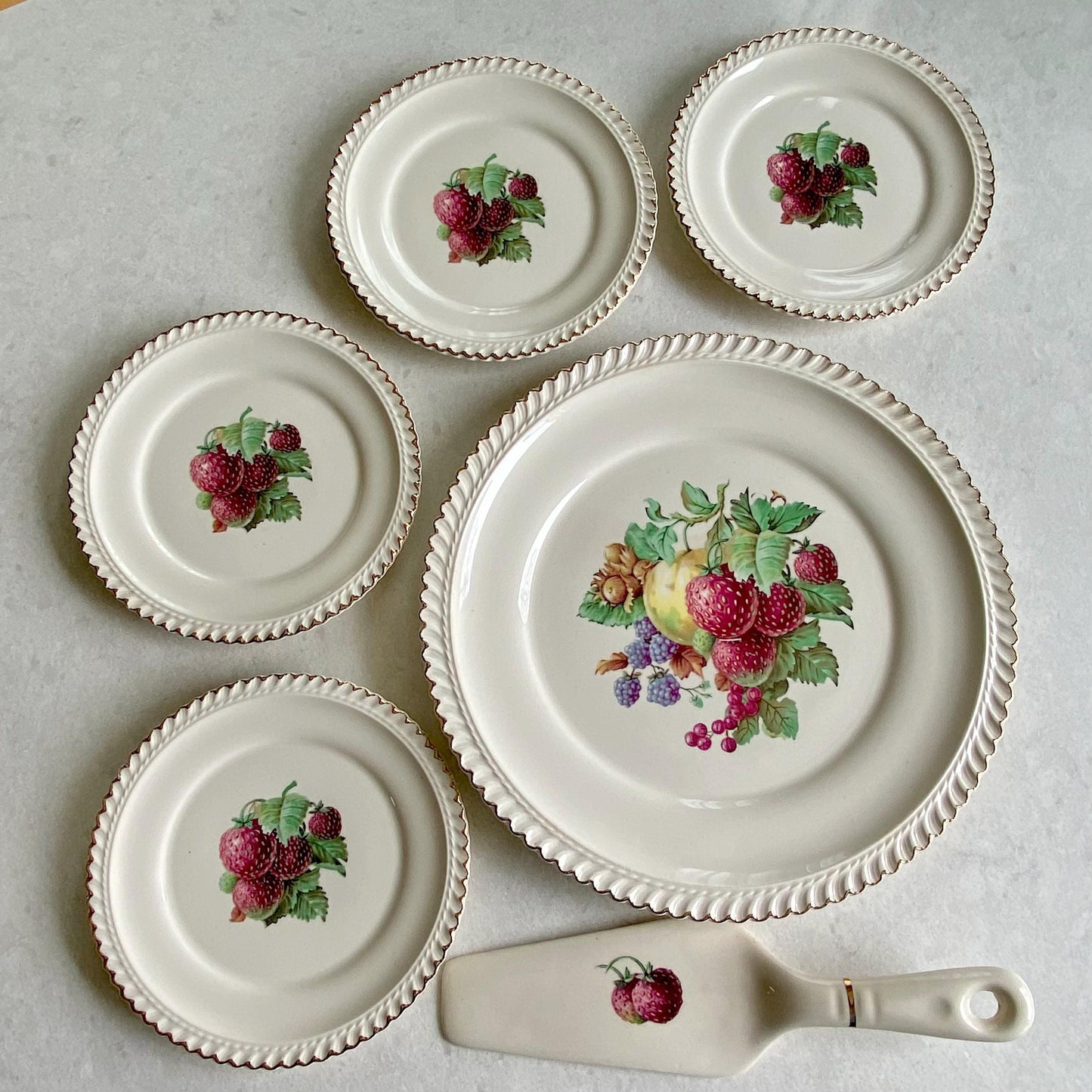 Vintage Harker Pottery Co. Strawberry Pie Plate Set with 22 Kt. Gold Trim - 6 pieces total