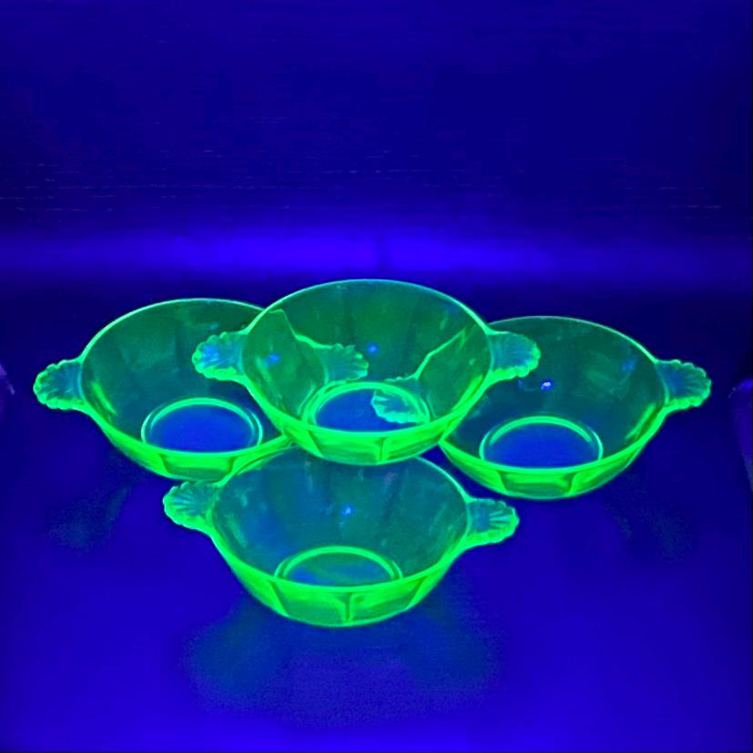 Vintage Anchor Hocking Green Uranium Glass Handled Bowls - Set of 4