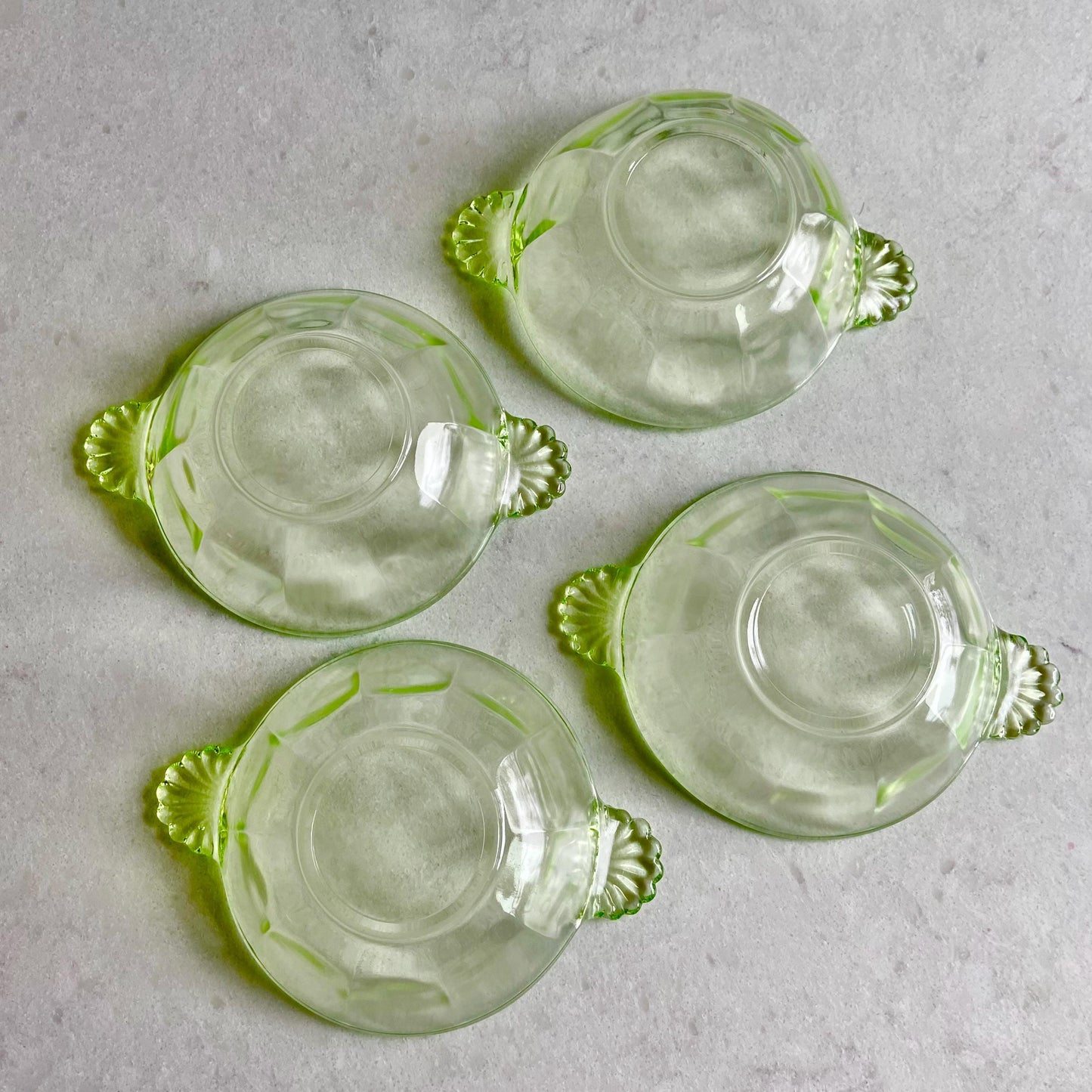Vintage Anchor Hocking Green Uranium Glass Handled Bowls - Set of 4