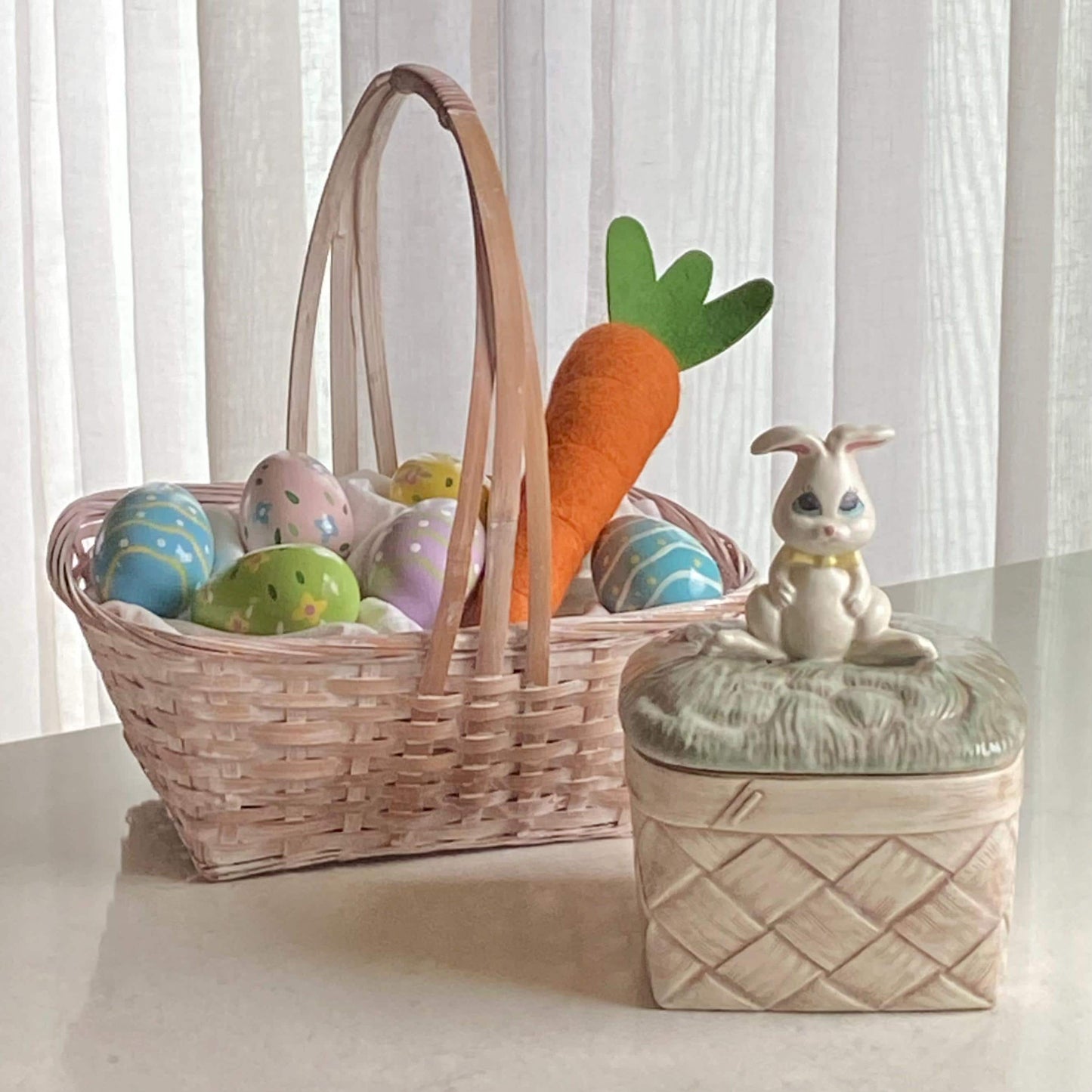 Vintage Hand Painted Bunny Rabbit on a Basket Box with Lid