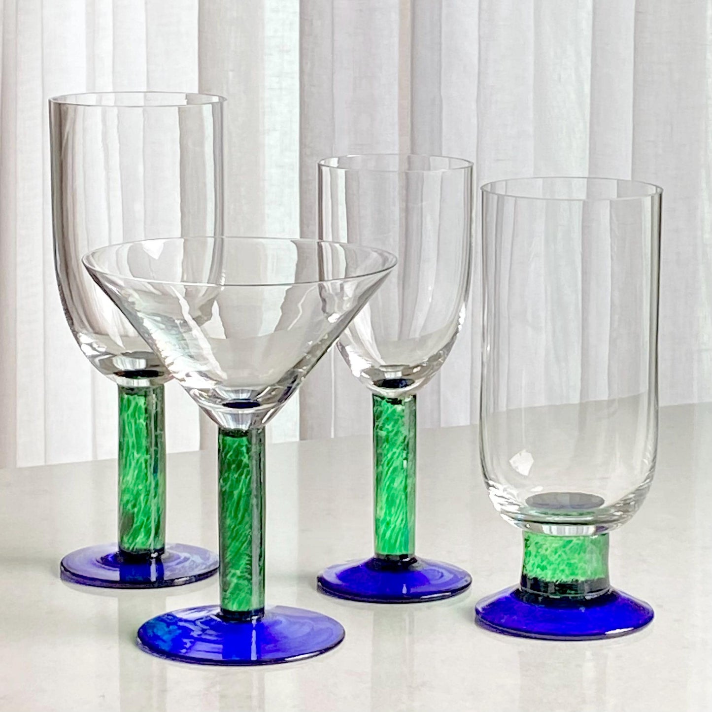 Vintage Fostoria Green Stem Blue Foot Glasses (FOS6) - Set of 10