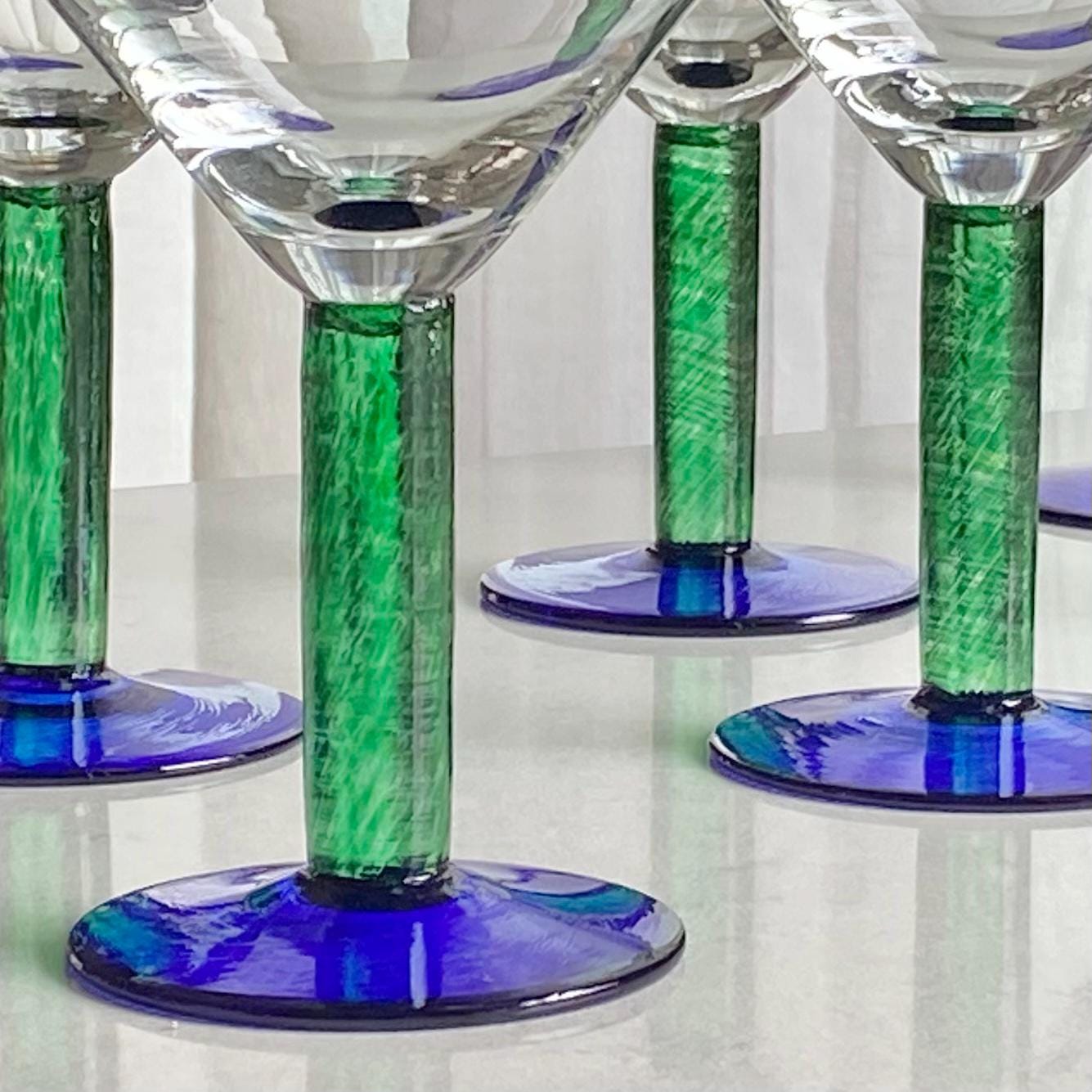 Vintage Fostoria Green Stem Blue Foot Glasses (FOS6) - Set of 8