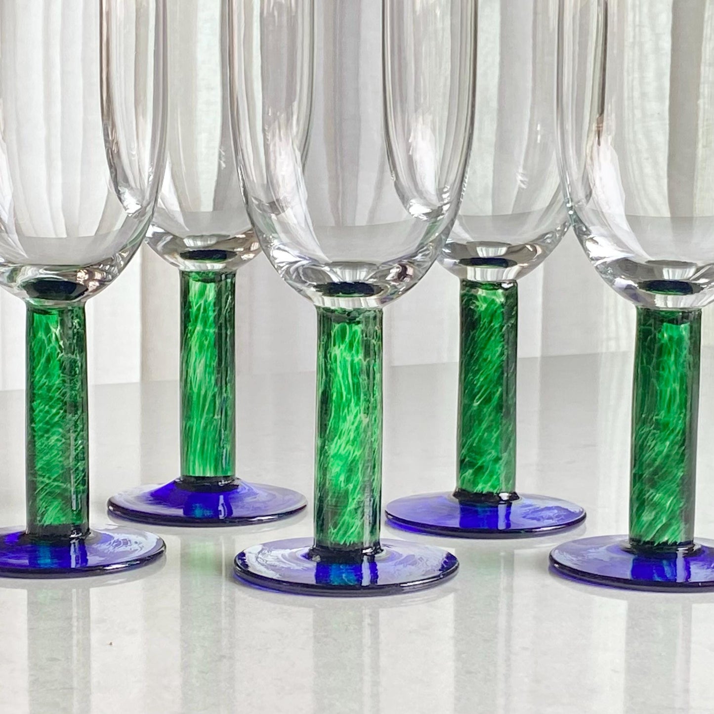 Vintage Fostoria Green Stem Blue Foot Glasses (FOS6 LG) - Set of 12