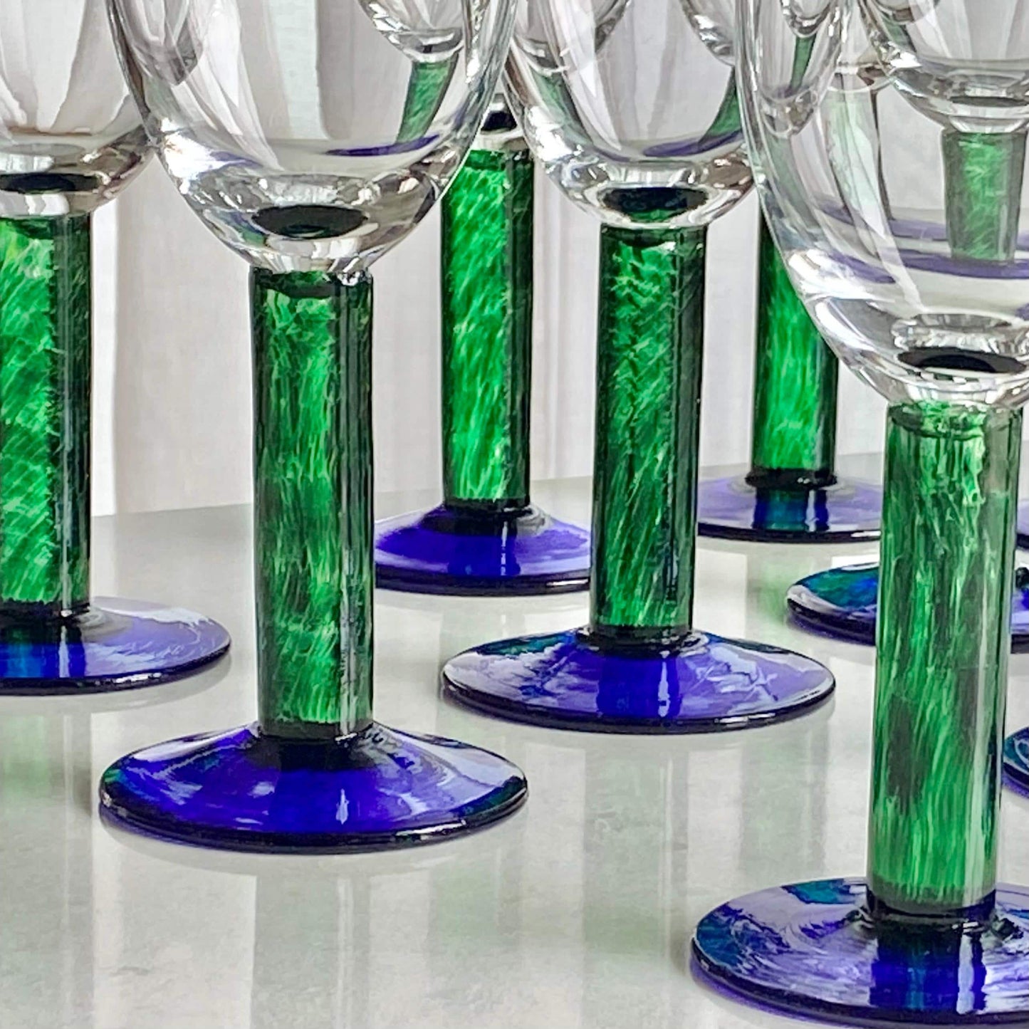 Vintage Fostoria Green Stem Blue Foot Glasses (FOS6 SM) - Set of 12