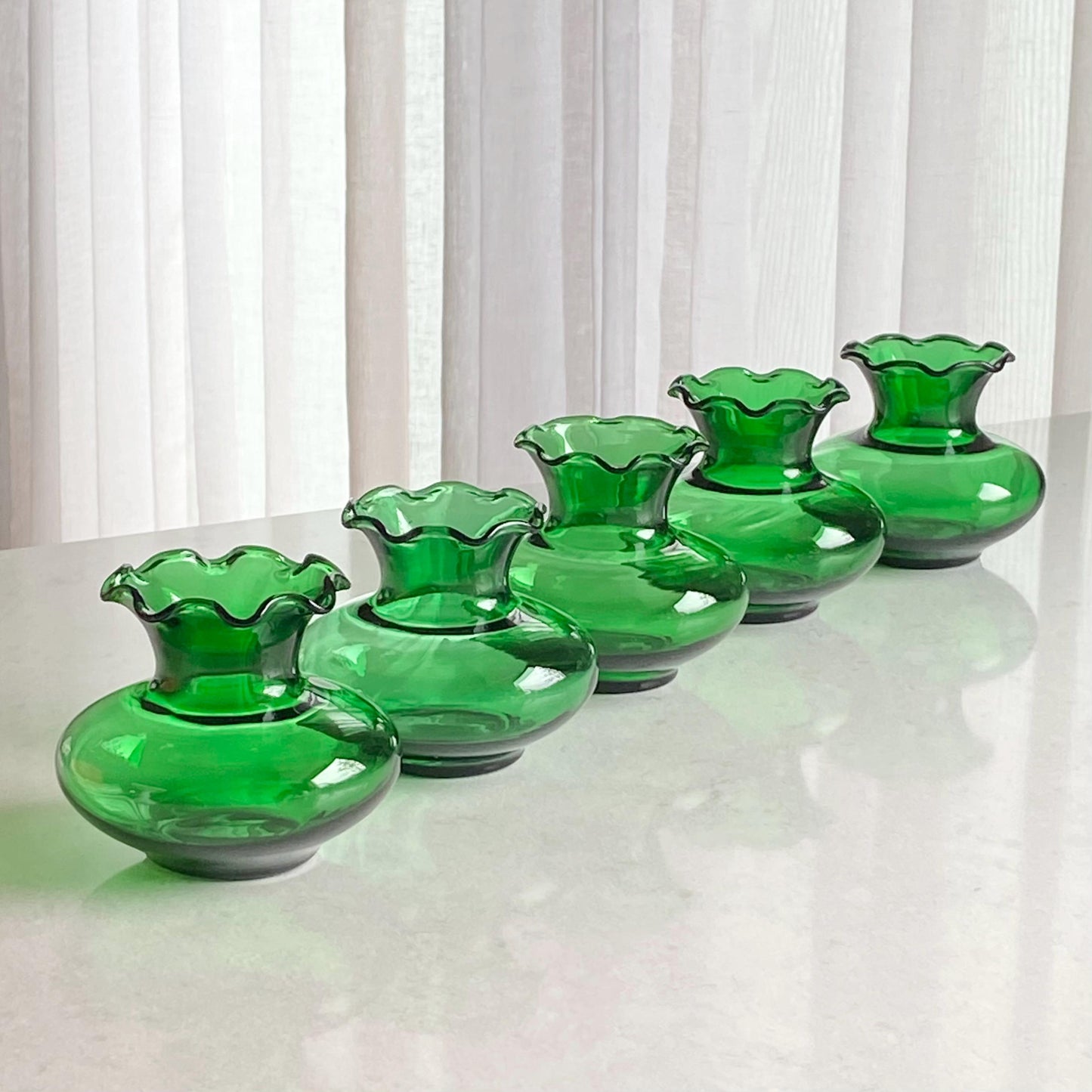 Vintage Anchor Hocking Forest Green Crimped Bud Vases (circa 1957 - 1965) - Set of 5