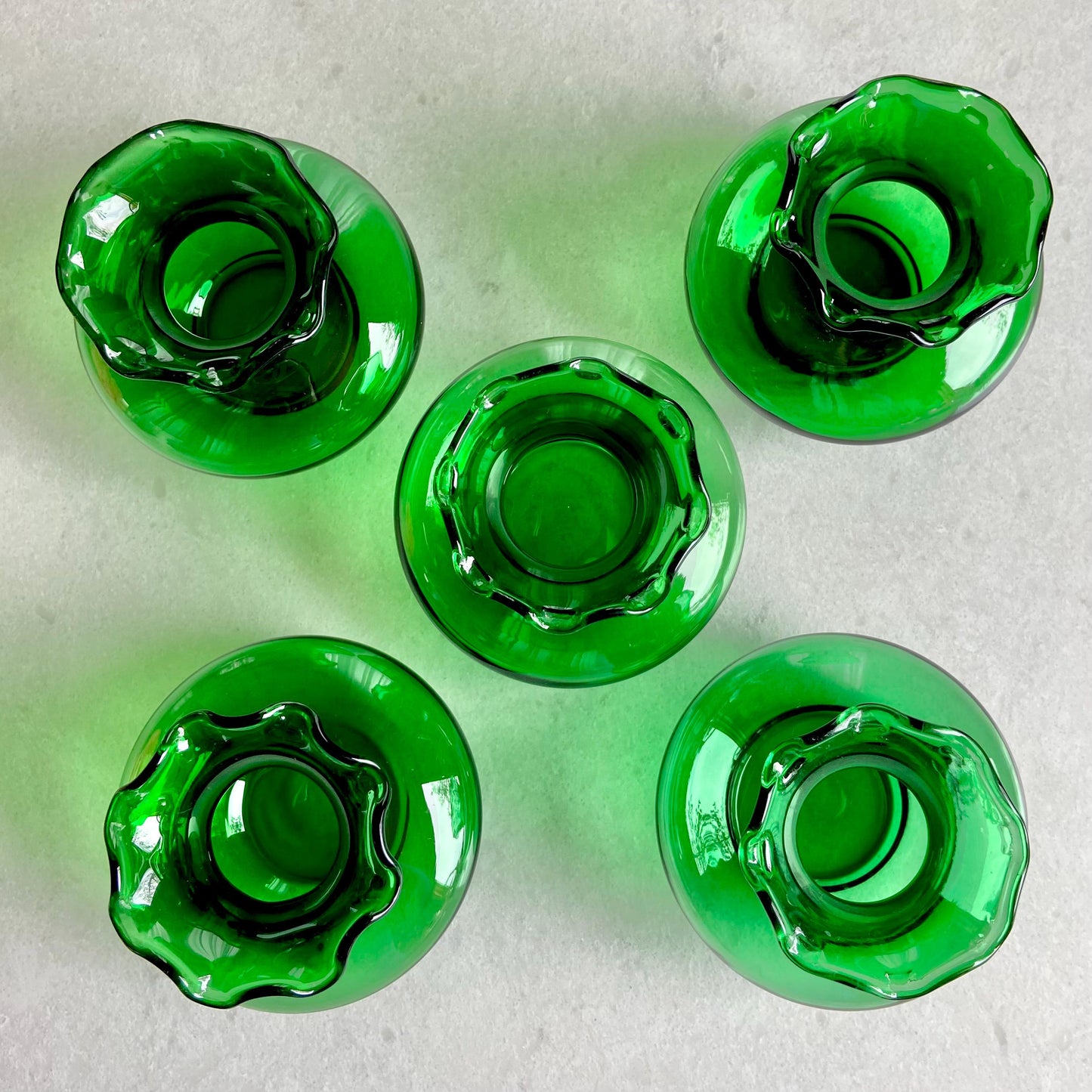 Vintage Anchor Hocking Forest Green Crimped Bud Vases (circa 1957 - 1965) - Set of 5