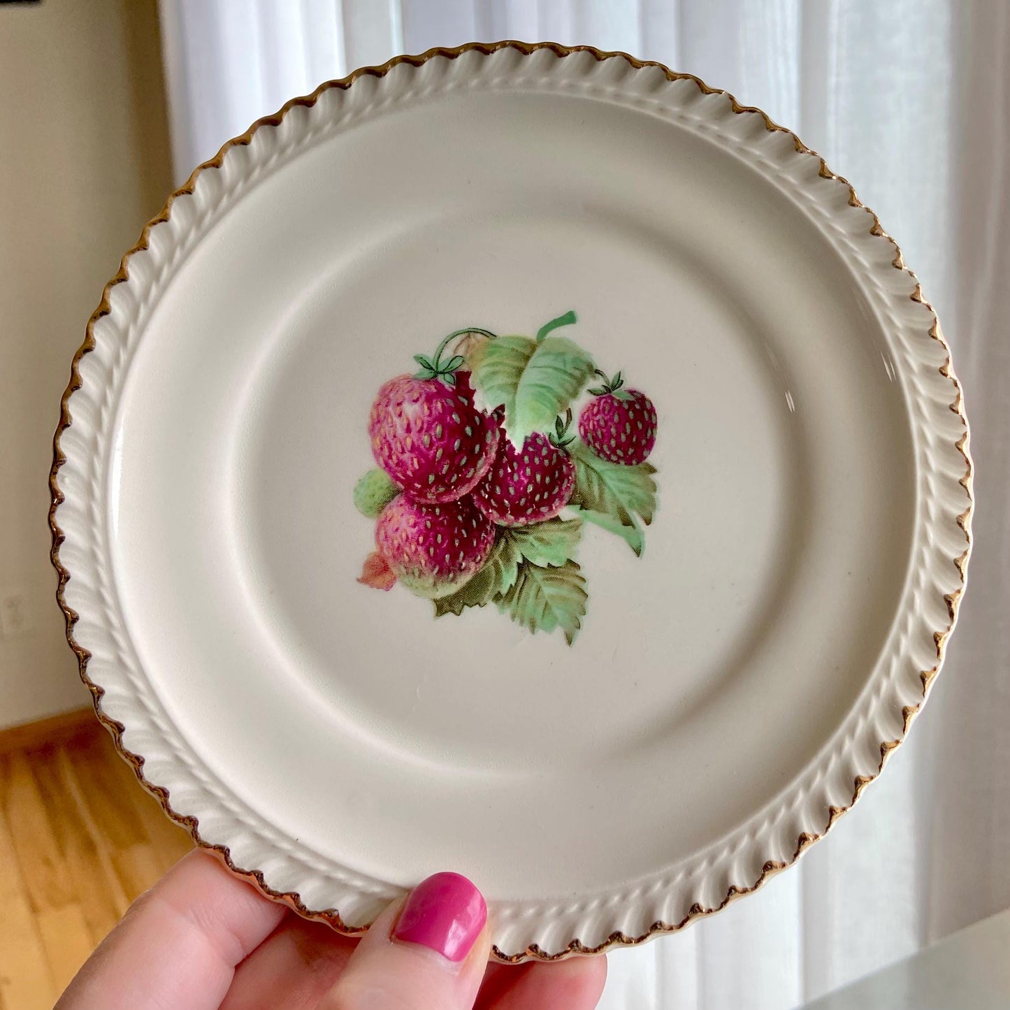 Vintage Harker Pottery Co. Strawberry Pie Plate Set with 22 Kt. Gold Trim - 6 pieces total