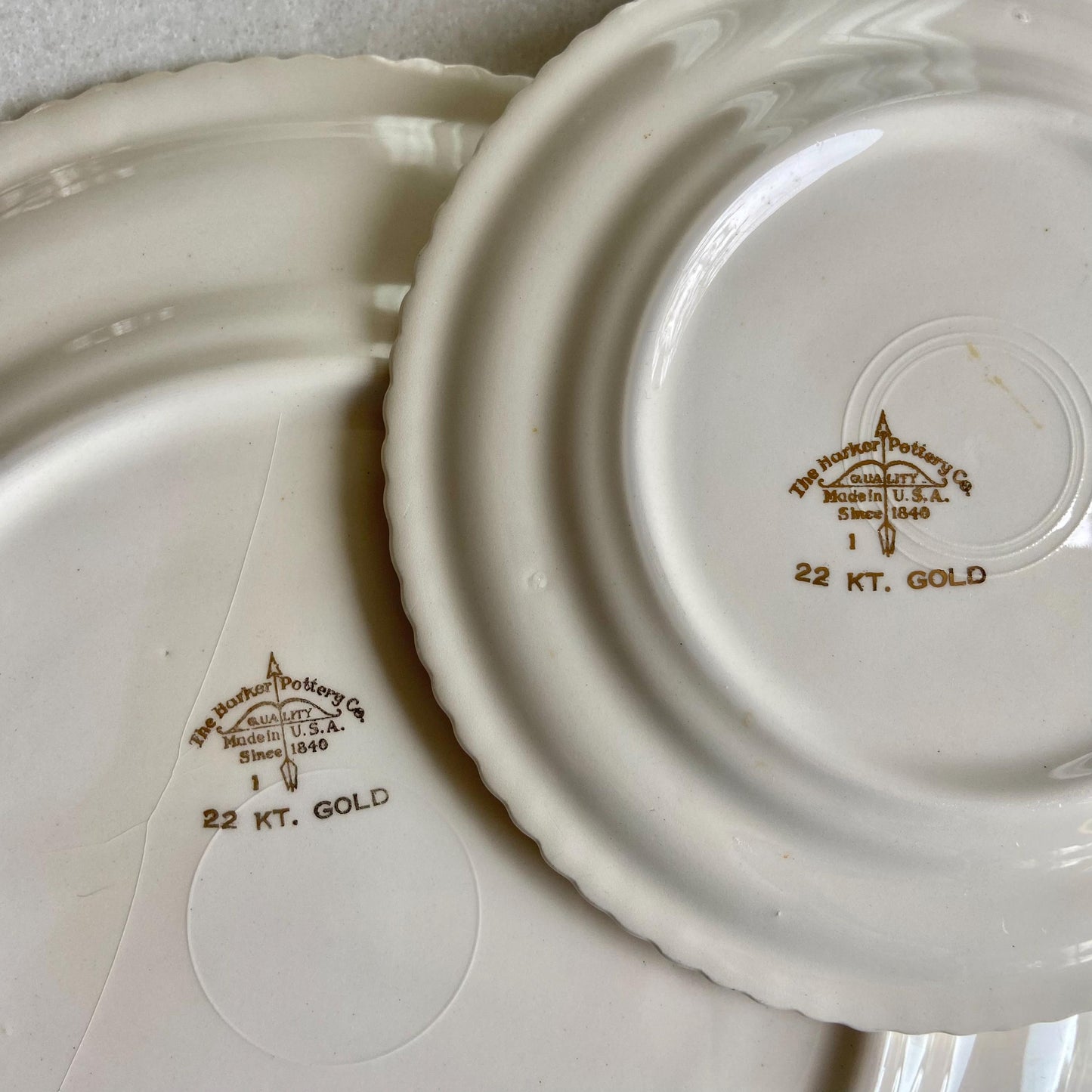 Vintage Harker Pottery Co. Strawberry Pie Plate Set with 22 Kt. Gold Trim - 6 pieces total