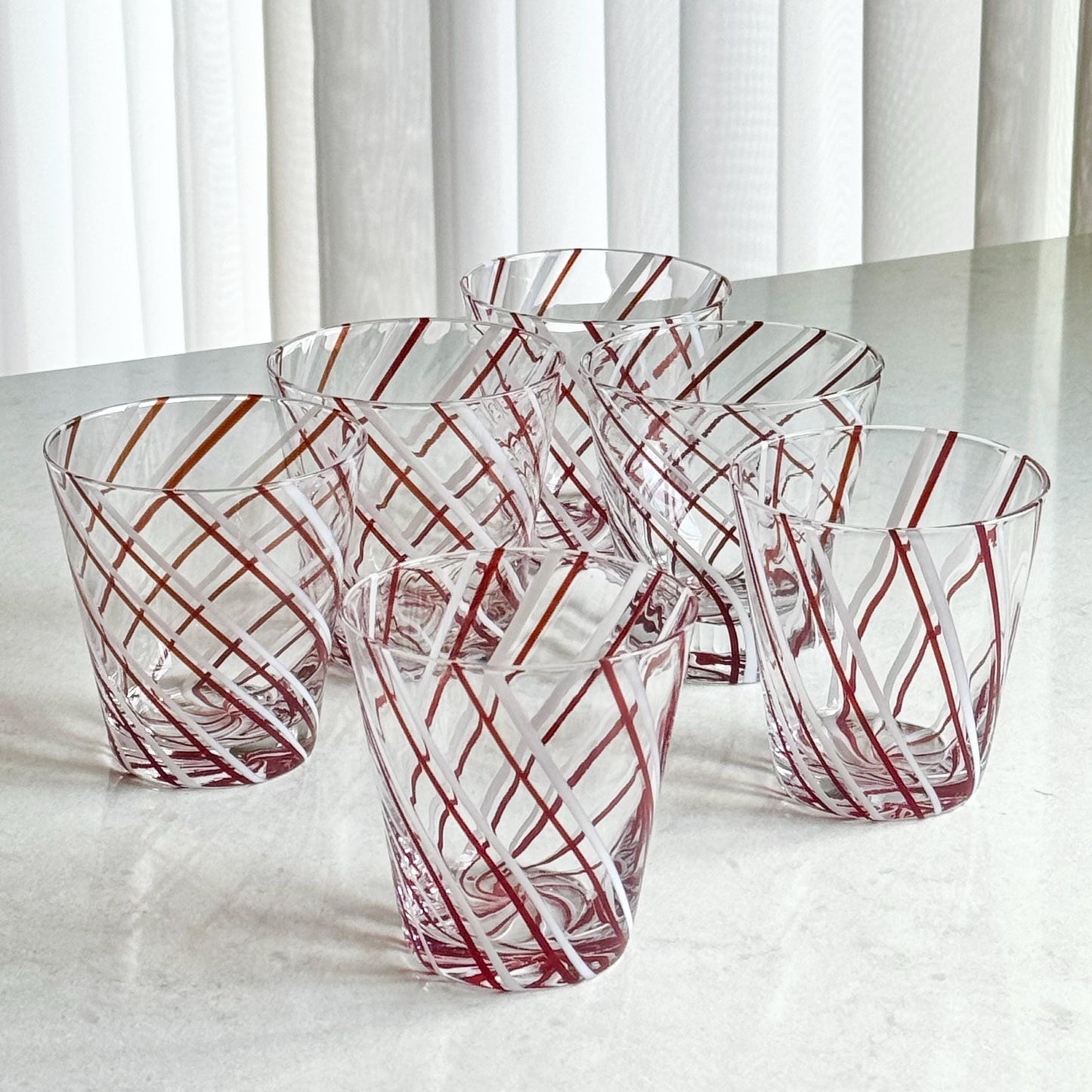 Vintage Red and White Swirl Glasses - Set of 6