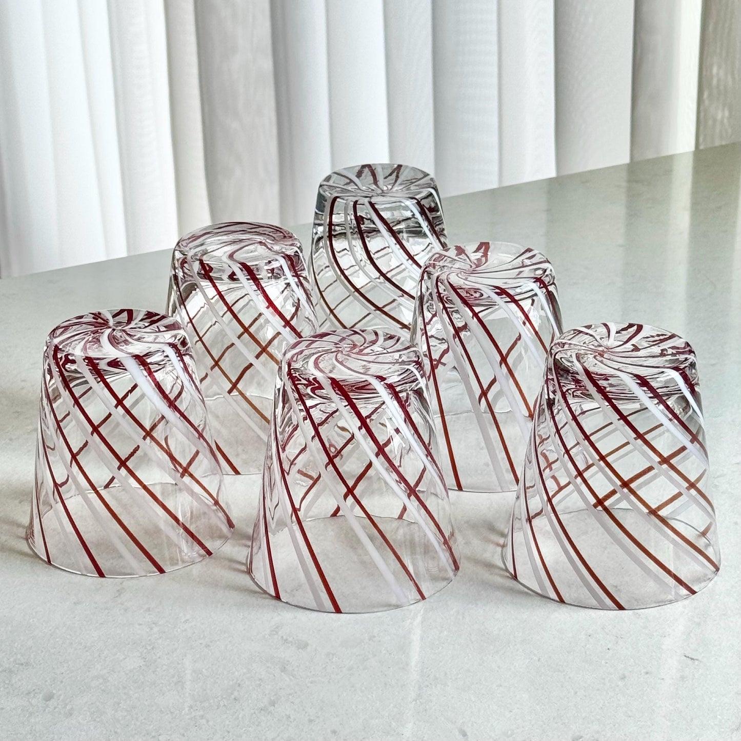 Vintage Red and White Swirl Glasses - Set of 6