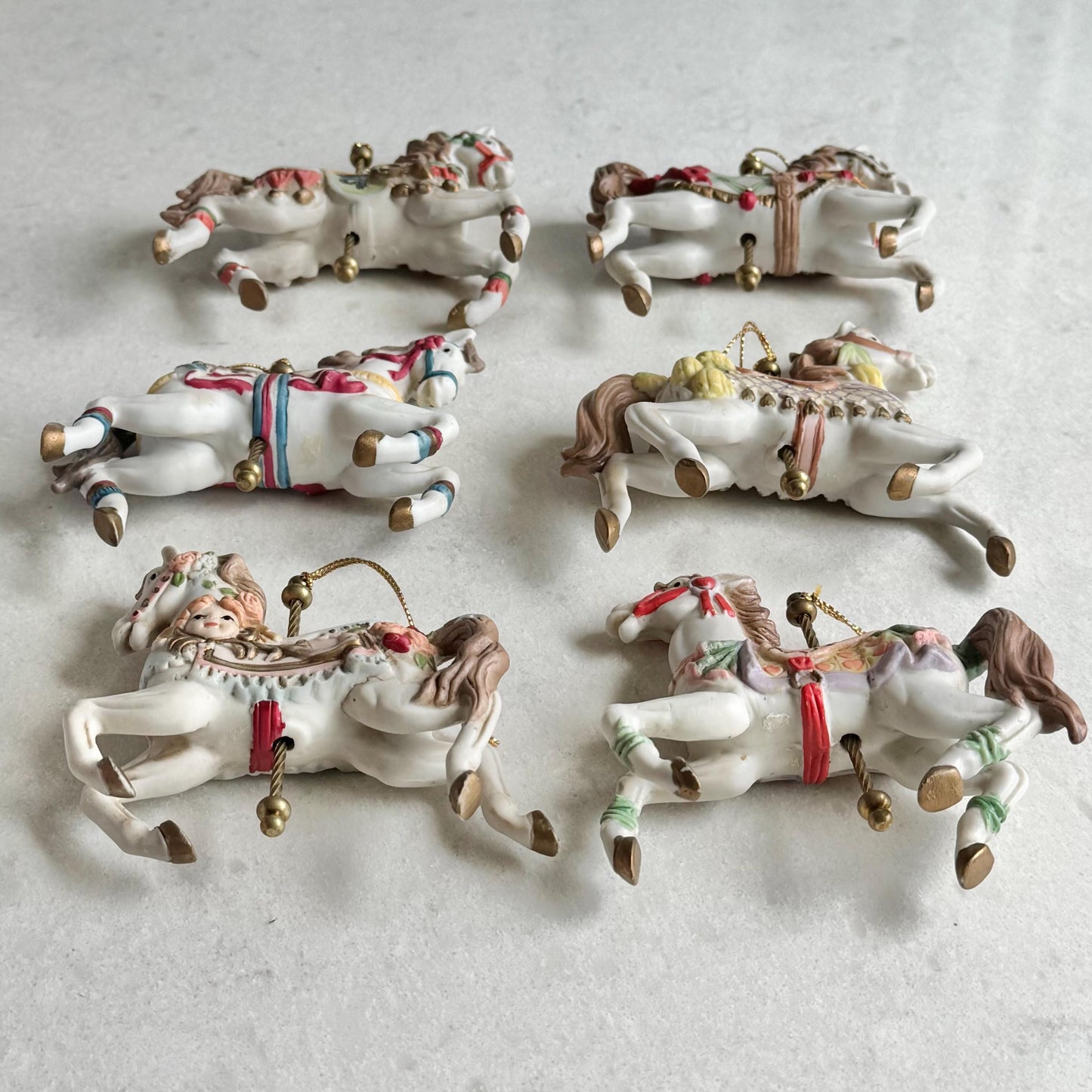 Vintage Holiday Time Porcelain Carousel Horse Ornaments - Set of 6