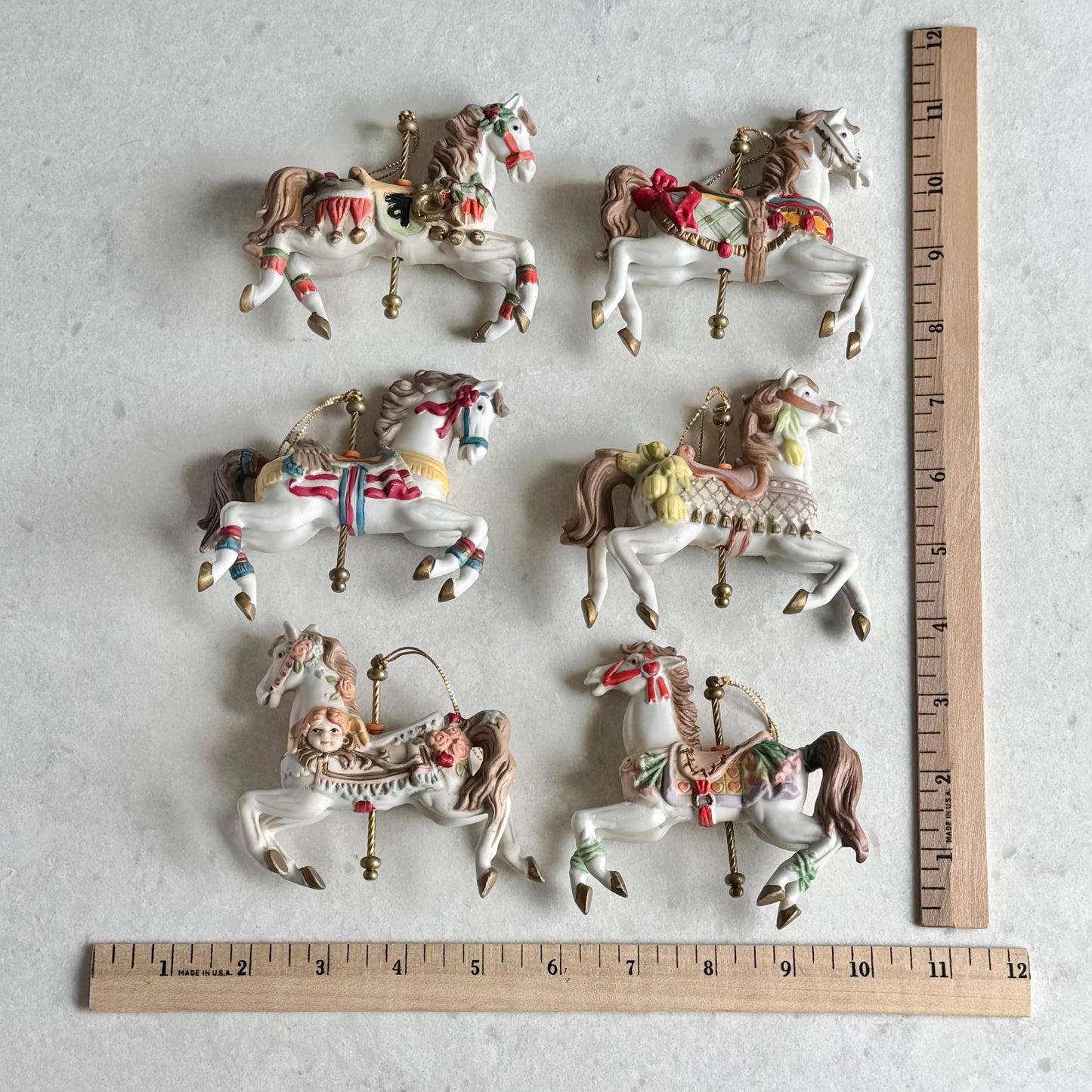 Vintage Holiday Time Porcelain Carousel Horse Ornaments - Set of 6