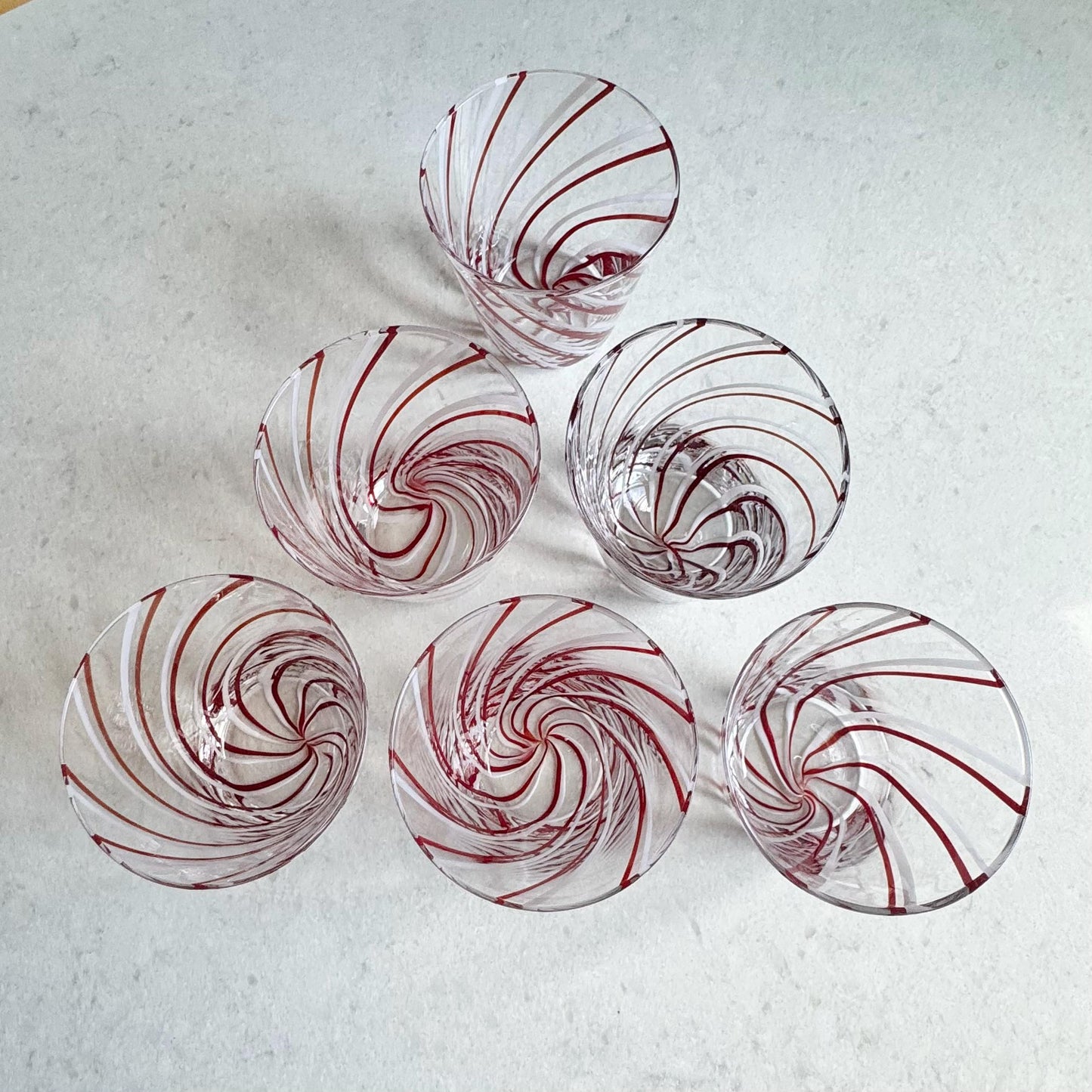 Vintage Red and White Swirl Glasses - Set of 6