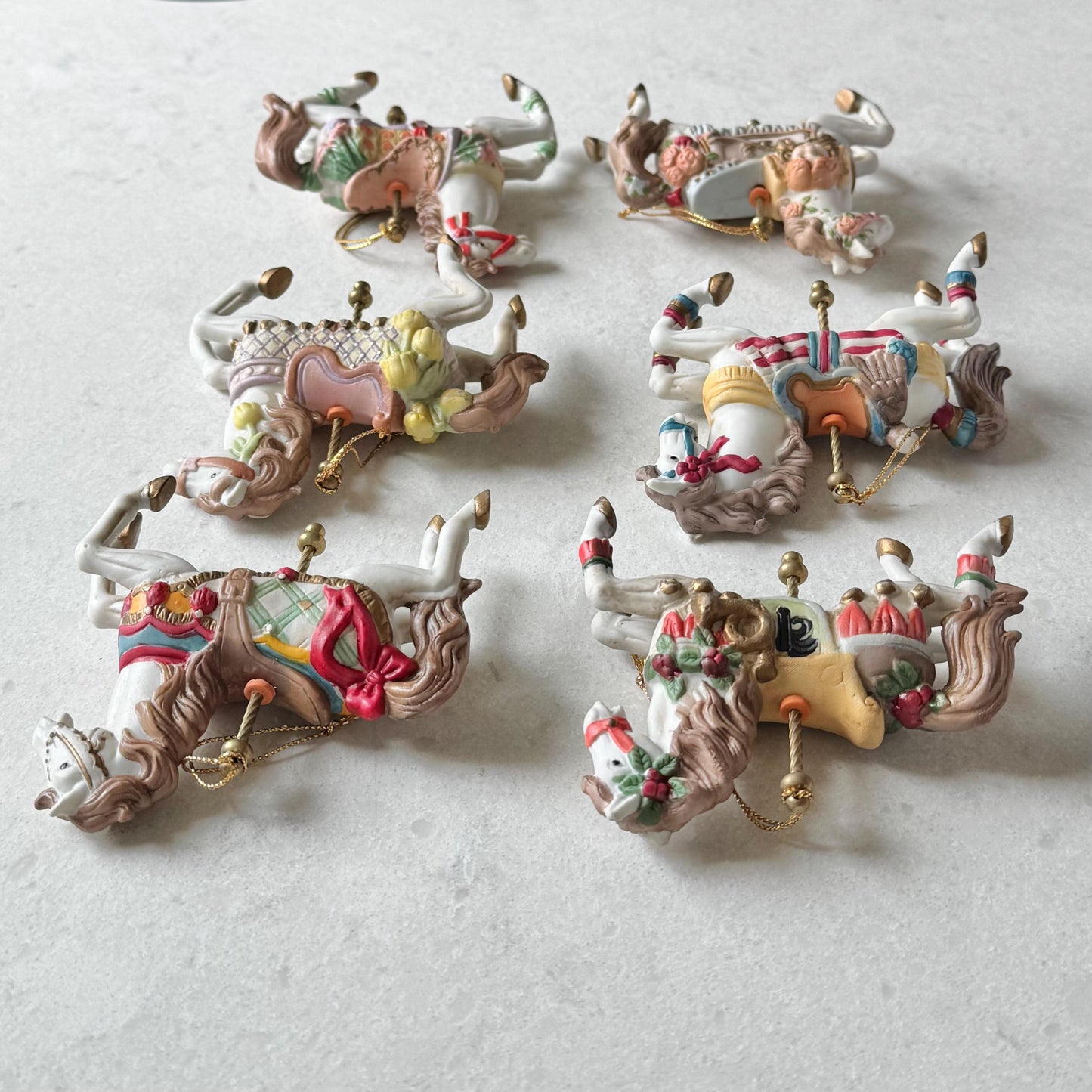 Vintage Holiday Time Porcelain Carousel Horse Ornaments - Set of 6